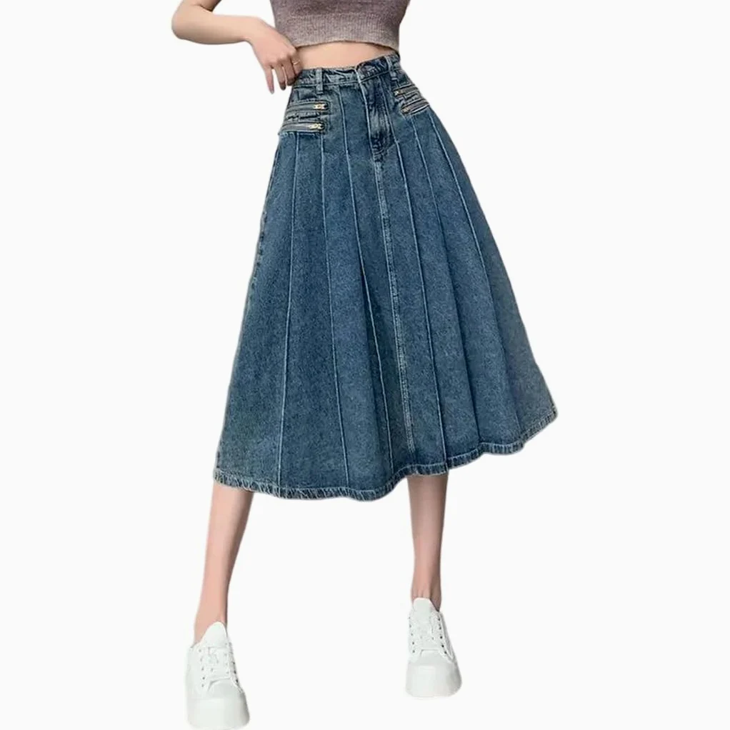Damska plisowana spódnica dżinsowa wysoka talia linia zamek błyskawiczny slim fit casual letnia spódnica