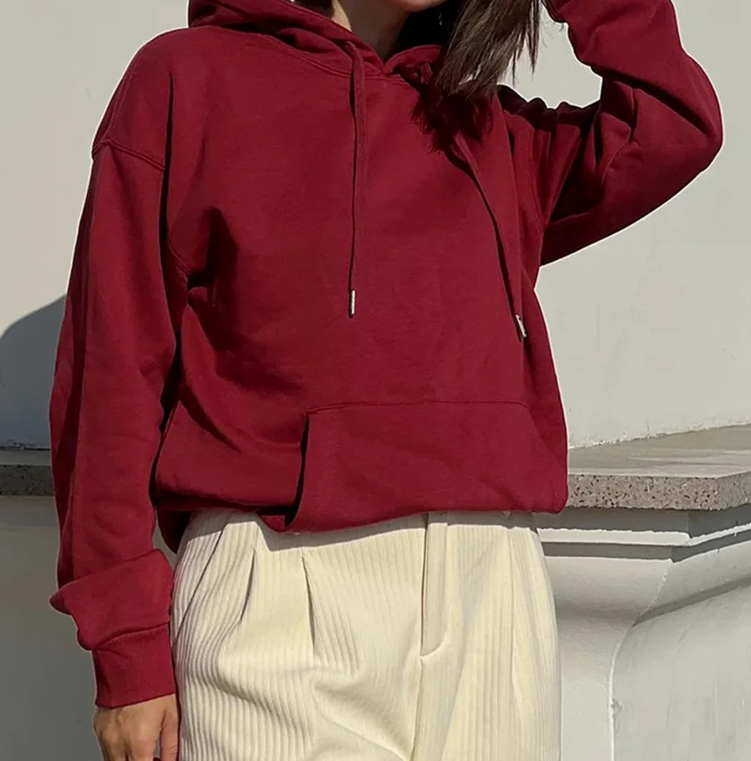 Fnfmrfmr Damskie solidne bluzy z kapturem oversize kieszeń na co dzień luźna bluza bawełniana długie rękawy sweter