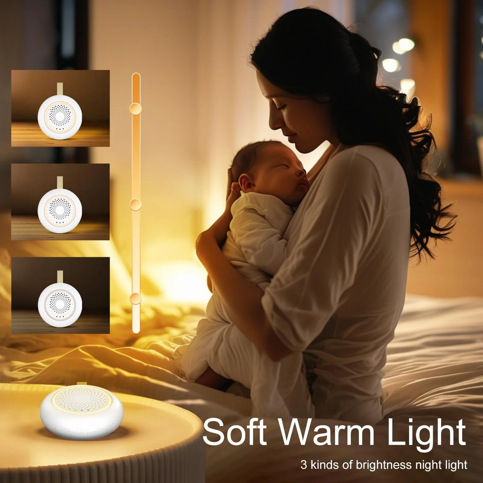 White Noise Machine Baby pomoc w zasypianiu dla niemowląt, 24 uspokajające dźwięki i 3 jasności, ciepła biel, lampka nocna, przenośna, możliwość ponownego ładowania, biały szum z funkcją timera