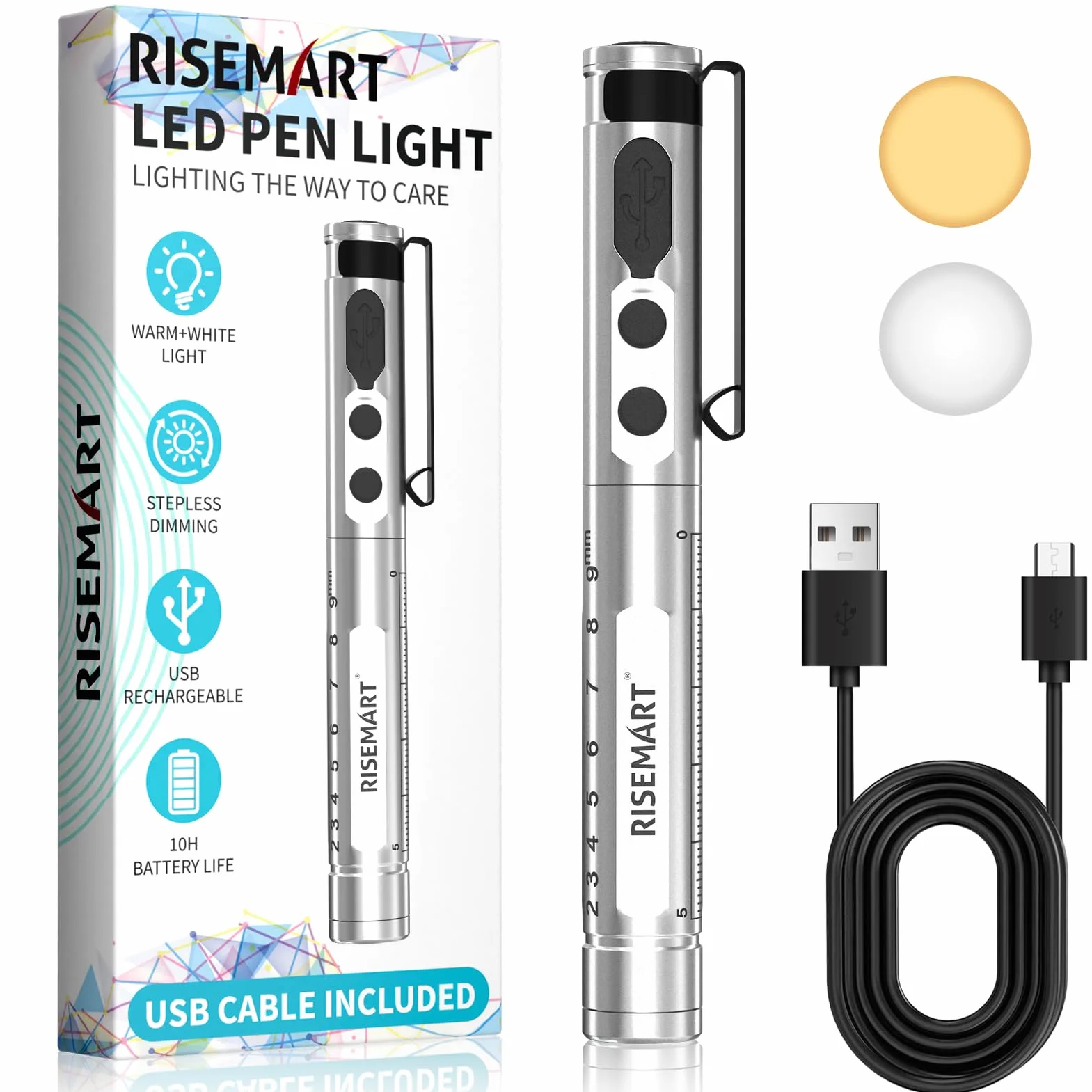 Lampa diagnostyczna, ładowalna lampa źrenicy LED, kabel USB, ciepła / zimna biel i bezstopniowe ściemnianie, przenośna, aluminiowa, medyczna lampa źrenicy z klipsem (sliber)