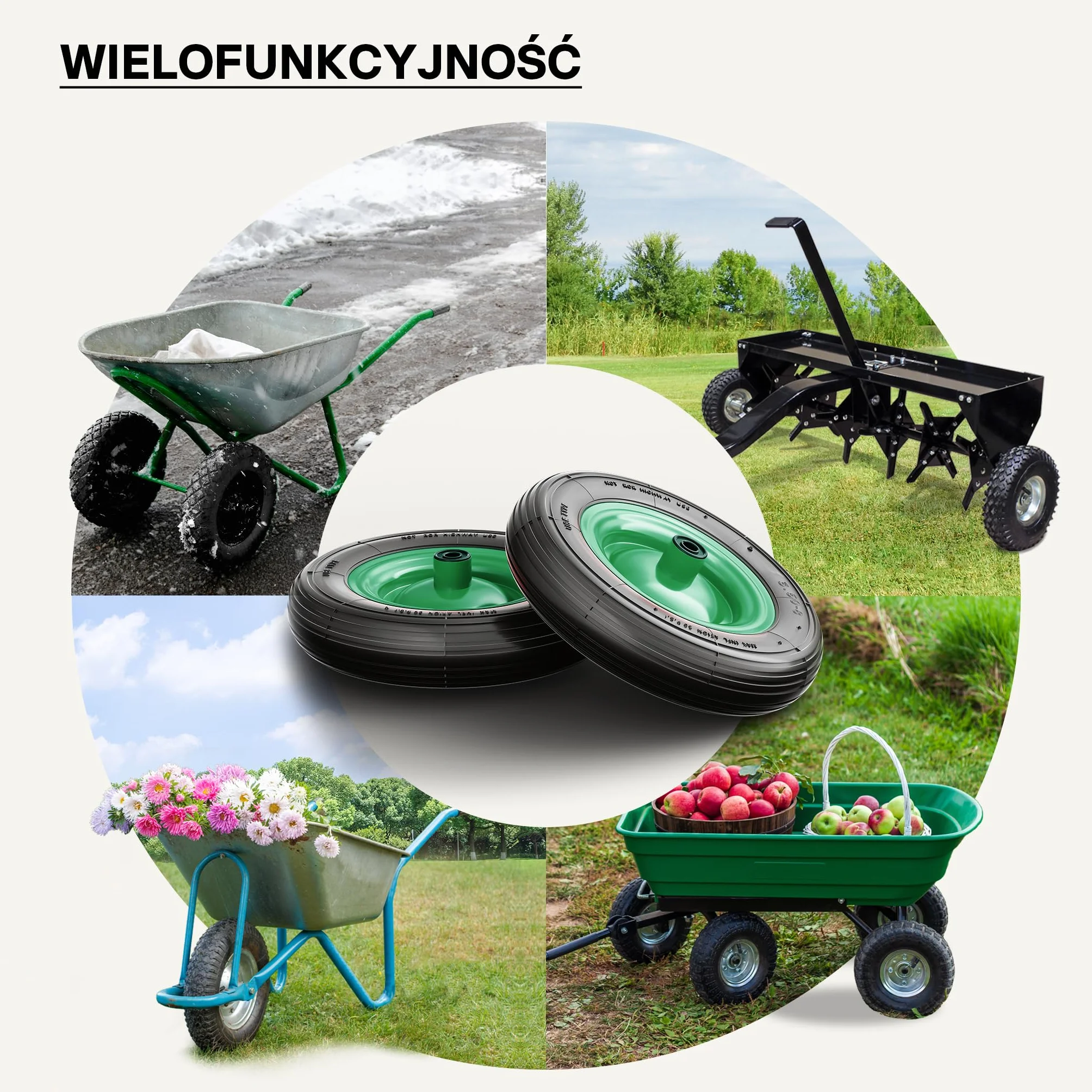 Wiltec Opona zamienna do taczki 3.50-8, koło pneumatyczne kompletne ø 370-380 mm z dętką i felgą metalową do wózków transportowych