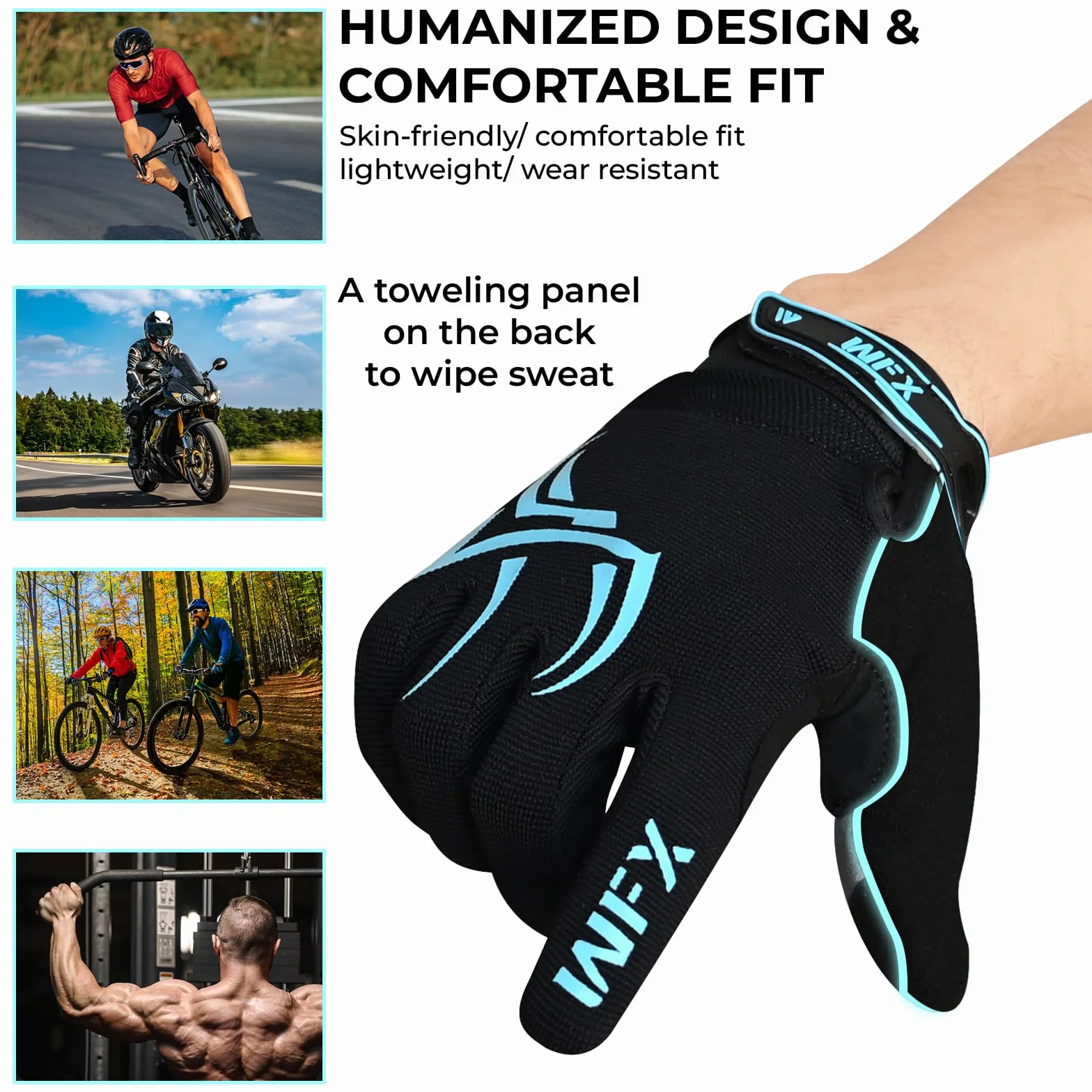 WFX Rękawiczki rowerowe z pełnymi palcami dotykowe MTB szosowe BMX motocykl oddychające antypoślizgowe wyściełane