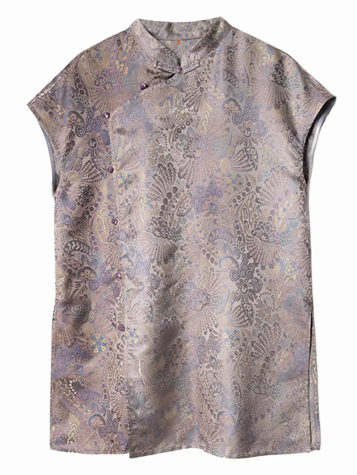 HangErFeng Damska jedwabna bluzka piosenka brokat ogon feniks paisley czapka rękaw asymetryczny top lawendowy szary 638
