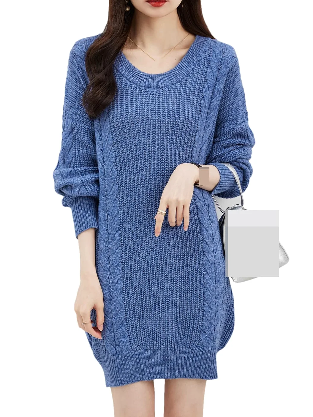 Disimlarl Damski sweter oversize, jesienno-zimowy, ciepły sweter z okrągłym dekoltem, długi rękaw, dzianinowy, długi sweter, wełniany sweter