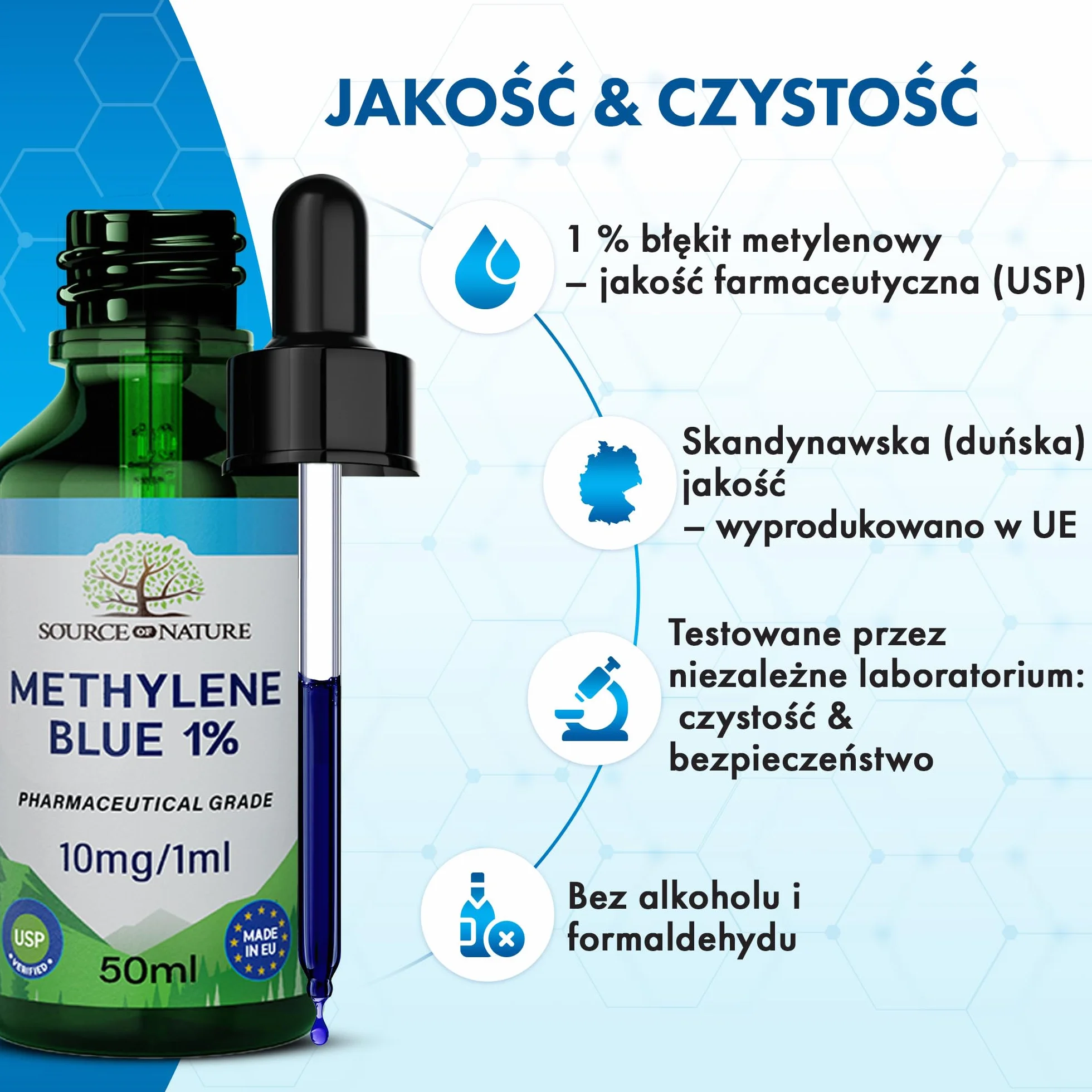 Błękit metylenowy 1% Roztwór 50 ml z pipetą Jakość farmaceutyczna USP Source of Nature®