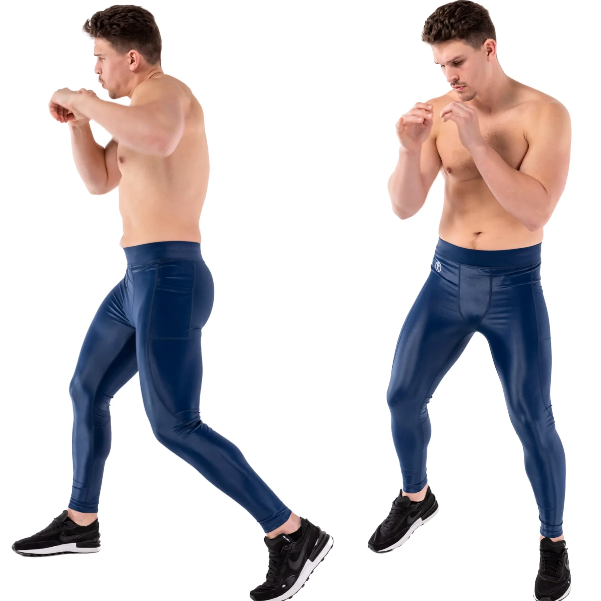 Seria Kapow Meggings Shiny Performance - Legginsy kompresyjne o wysokim połysku dla mężczyzn z kieszeniami, sportowa warstwa podstawowa do treningów i jogi
