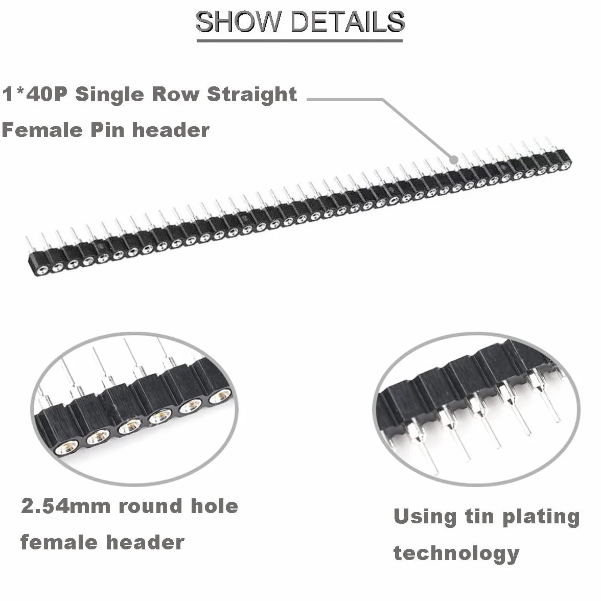 5 szt. 1 x 40 P 2,54 mm okrągły otwór żeński nagłówek cyna pojedynczy rząd 40 pinów PCB IC kryształowe złącze gniazda