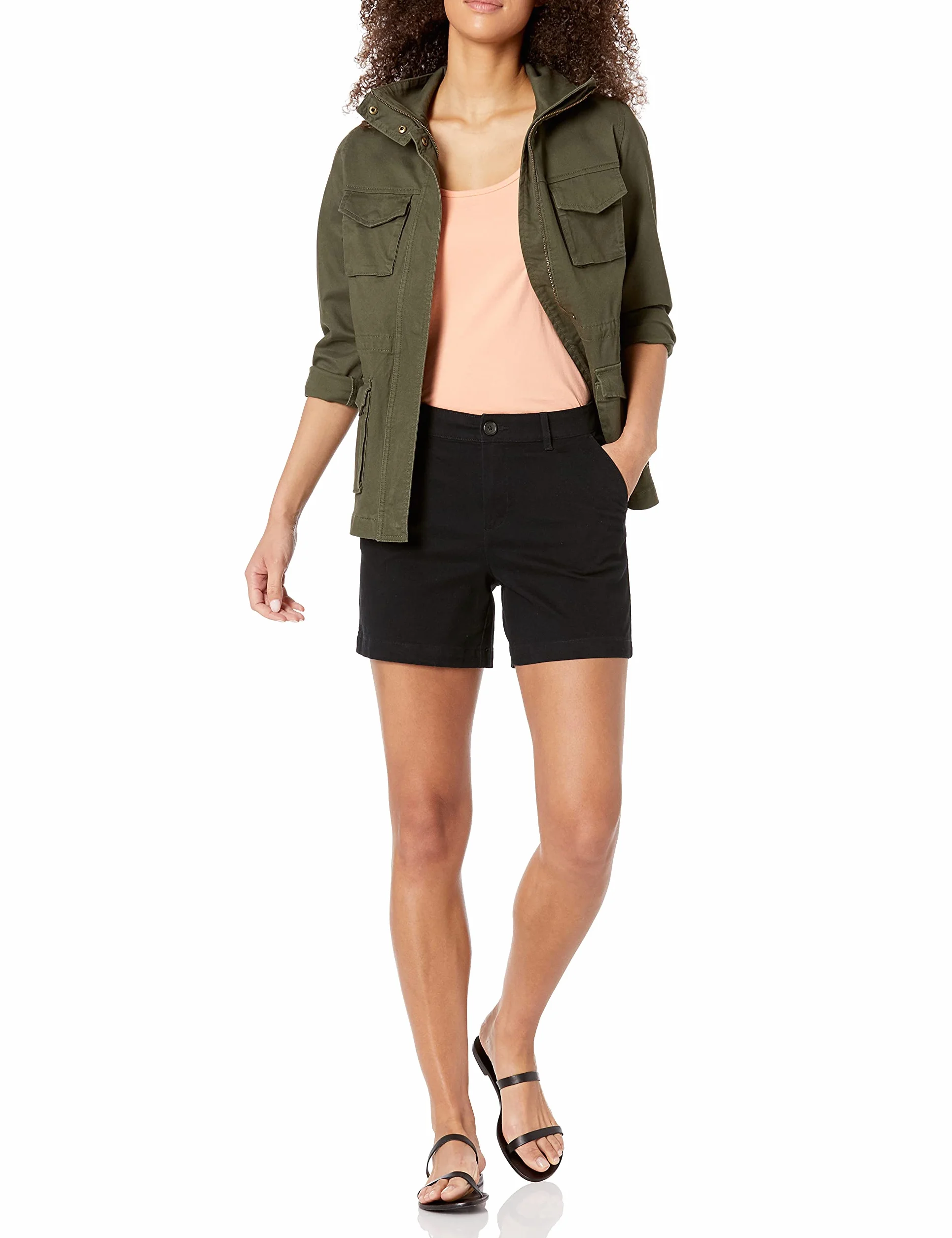 Amazon Essentials Damskie szorty o średnim wzroście slim fit 13,5 cm nogawki khaki (dostępne w prostych i krągłych krojach), czarne, 12