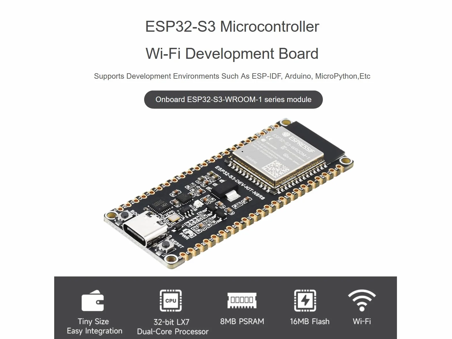 Waveshare ESP32-S3 płyta rozwojowa Wi-Fi z modułem serii ESP32-S3-WROOM-1, dwurdzeniowy procesor 240 MHz, 512 KB SRAM, 8 MB PSRAM, 16 MB Flash, złącze typu C