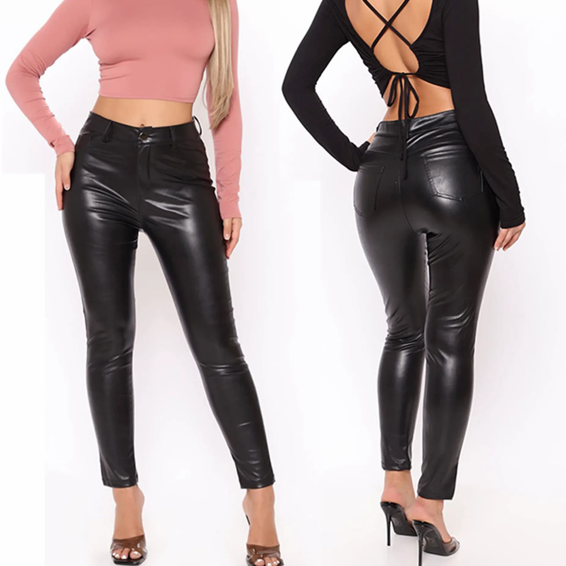 Damskie spodnie ze sztucznej skóry z wysokim stanem Flare/ołówkowe/proste Seksowne legginsy slim fit Legginsy ze sztucznej skóry wyglądające na mokre (czarne 2 XL)