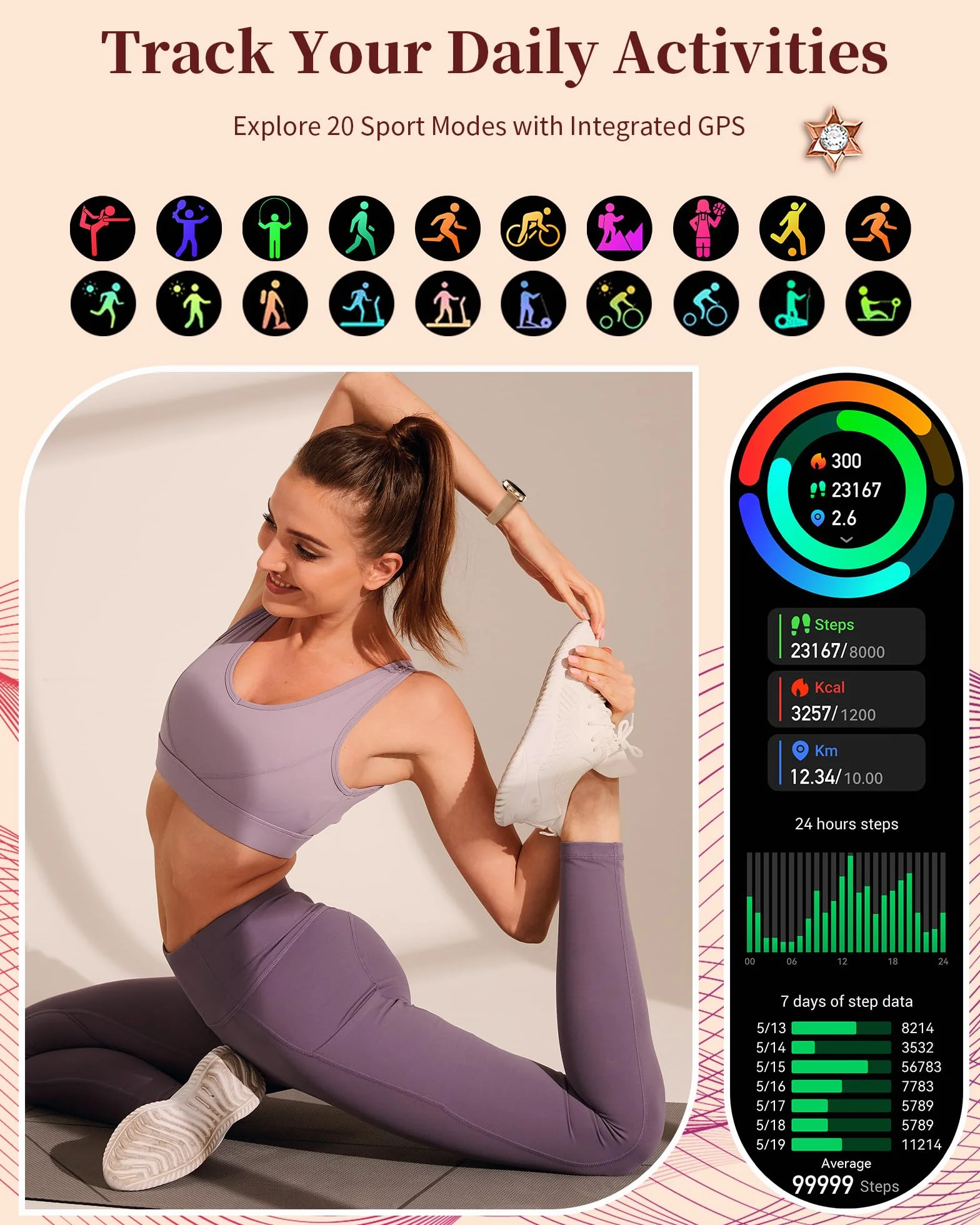 Smartwatch dla kobiet Fitness Tracker wodoodporny IP68 1,3-calowy HD ekran dotykowy z pulsometrem pomiarem ciśnienia krwi