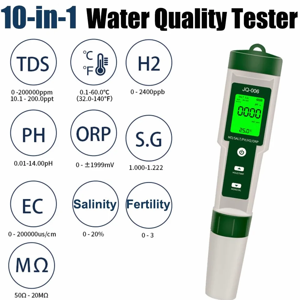 OBEST Cyfrowy miernik pH do basenu 10 w 1, PH/TDS/S.G/EC/zasolenie/MΩ/H2/OPR/płodność/Temp miernik soli z wyświetlaczem LCD do wody pitnej, basenu, spa lub laboratorium