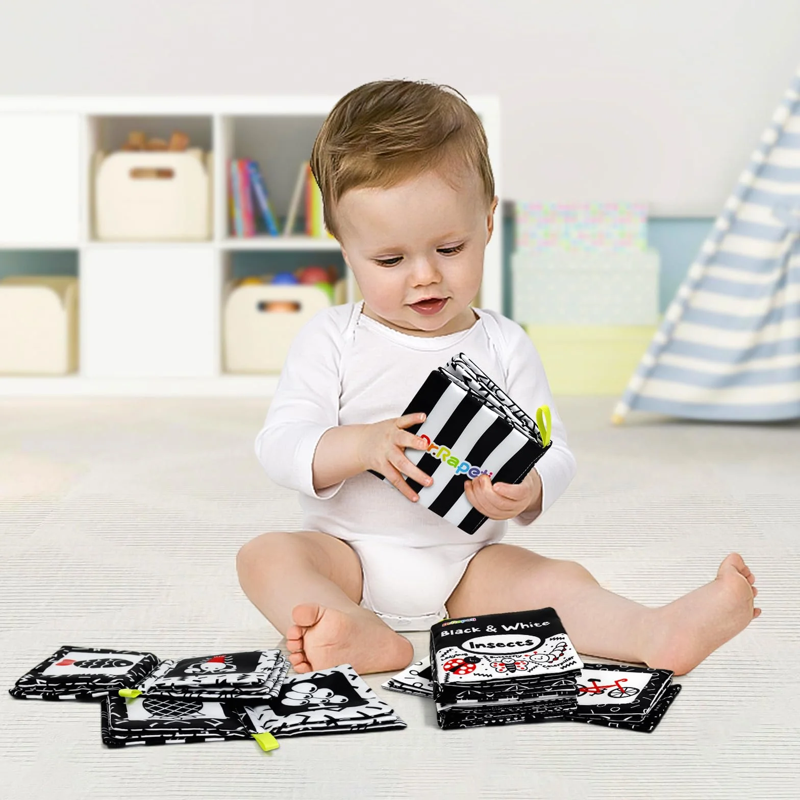 Dr.Rapeti 6 Pack Soft Books, Baby Soft Cloth Book, Sensory Book, Bath Book, Crinkle Soft Book, Black and White High Sensory Book, Washable Nontoxic Educational Learning Toy