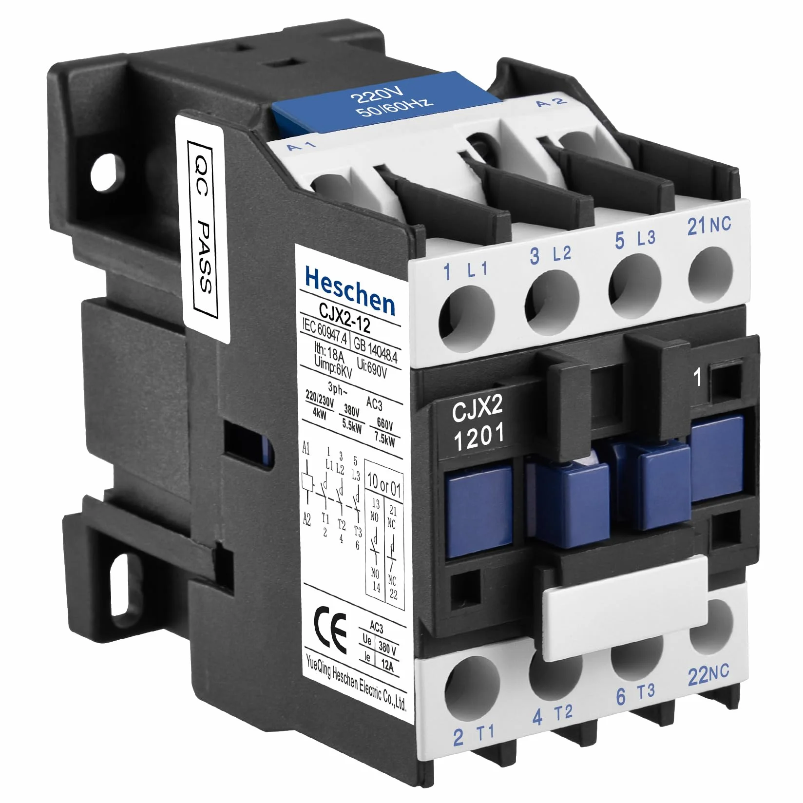 Heschen Stycznik AC, CJX2-1201, cewka 220 V, 50/60 Hz, 3P, 3-biegunowa, normalnie zamknięta, Ie 12A, Ue 380V