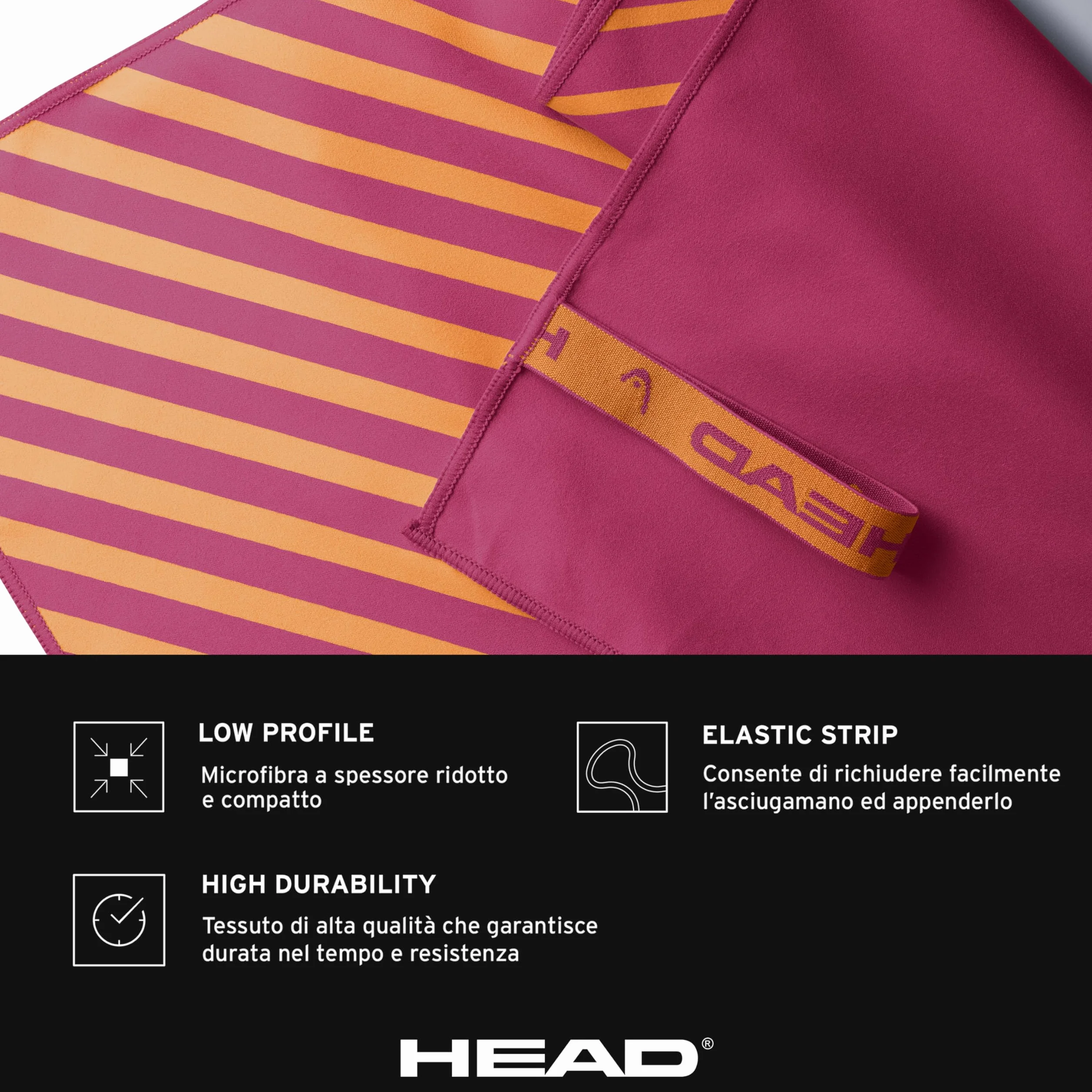 HEAD Active Stripes ręcznik z mikrofibry z elastycznym, ręcznikiem, fitness, miękki, lekki, szybkoschnący, ręczniki, łazienkowy, oszczędzający miejsce podróży 40 x 60, Magenta