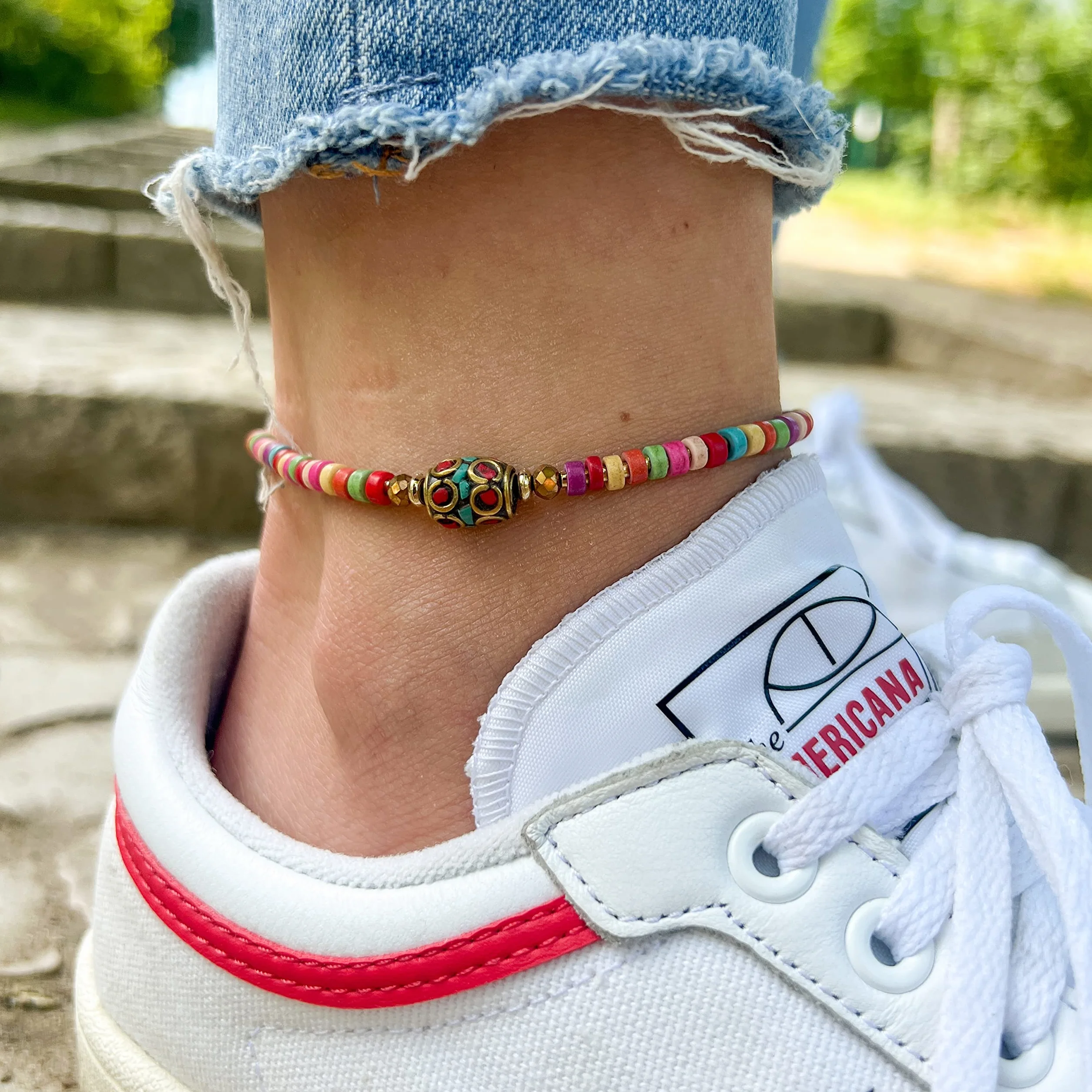 Made by Nami Bransoletka na Nogę Wodoodporna - Anklet Orientalne Perły Boho Hippie Handmade Regulowana 23-24cm