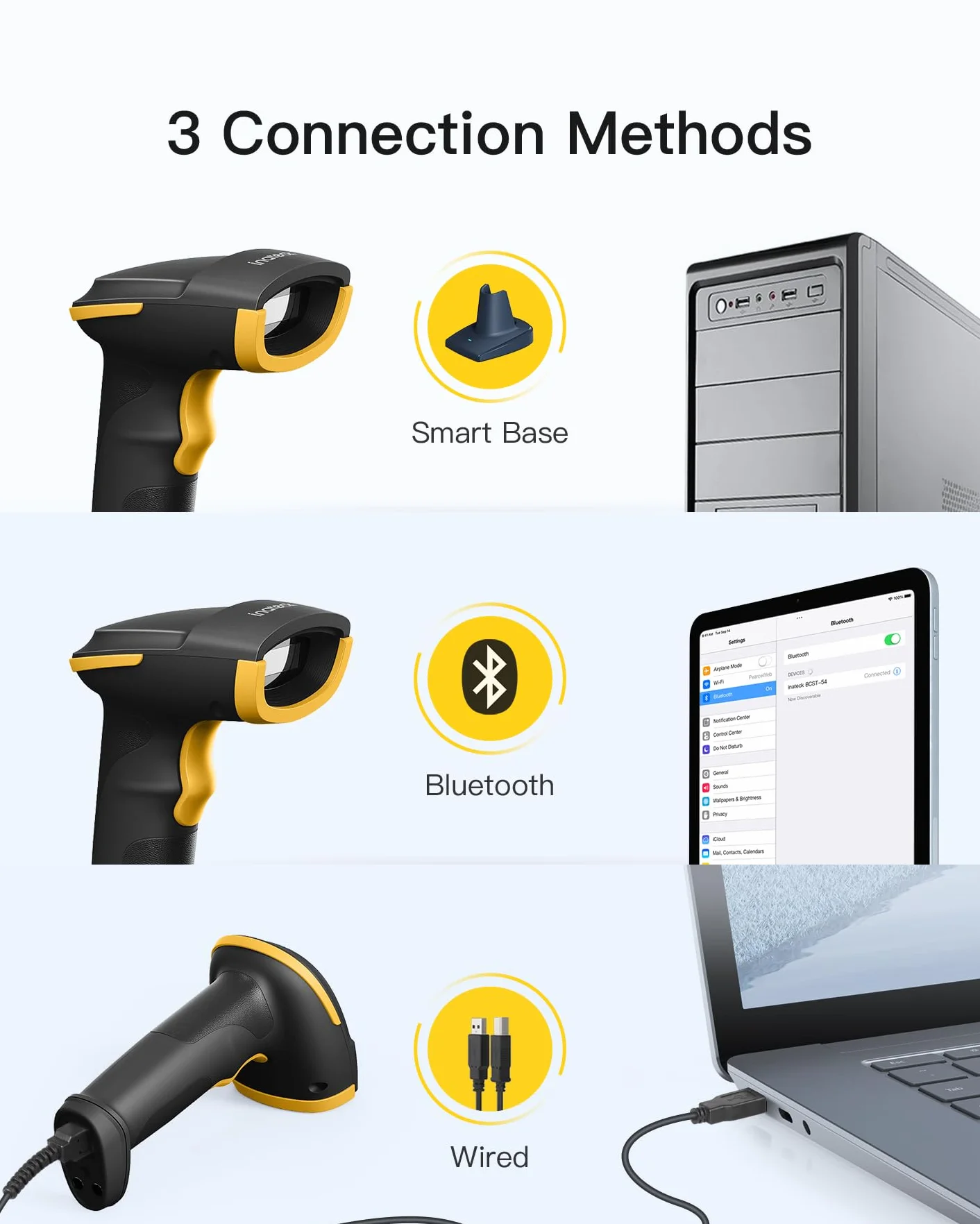 Inateck BCST-54 bezprzewodowy skaner kodów kreskowych 2D, Bluetooth 5.0, inteligentna stacja 2,4 GHz, skanowanie ekranu, BCST-54 (czarny)