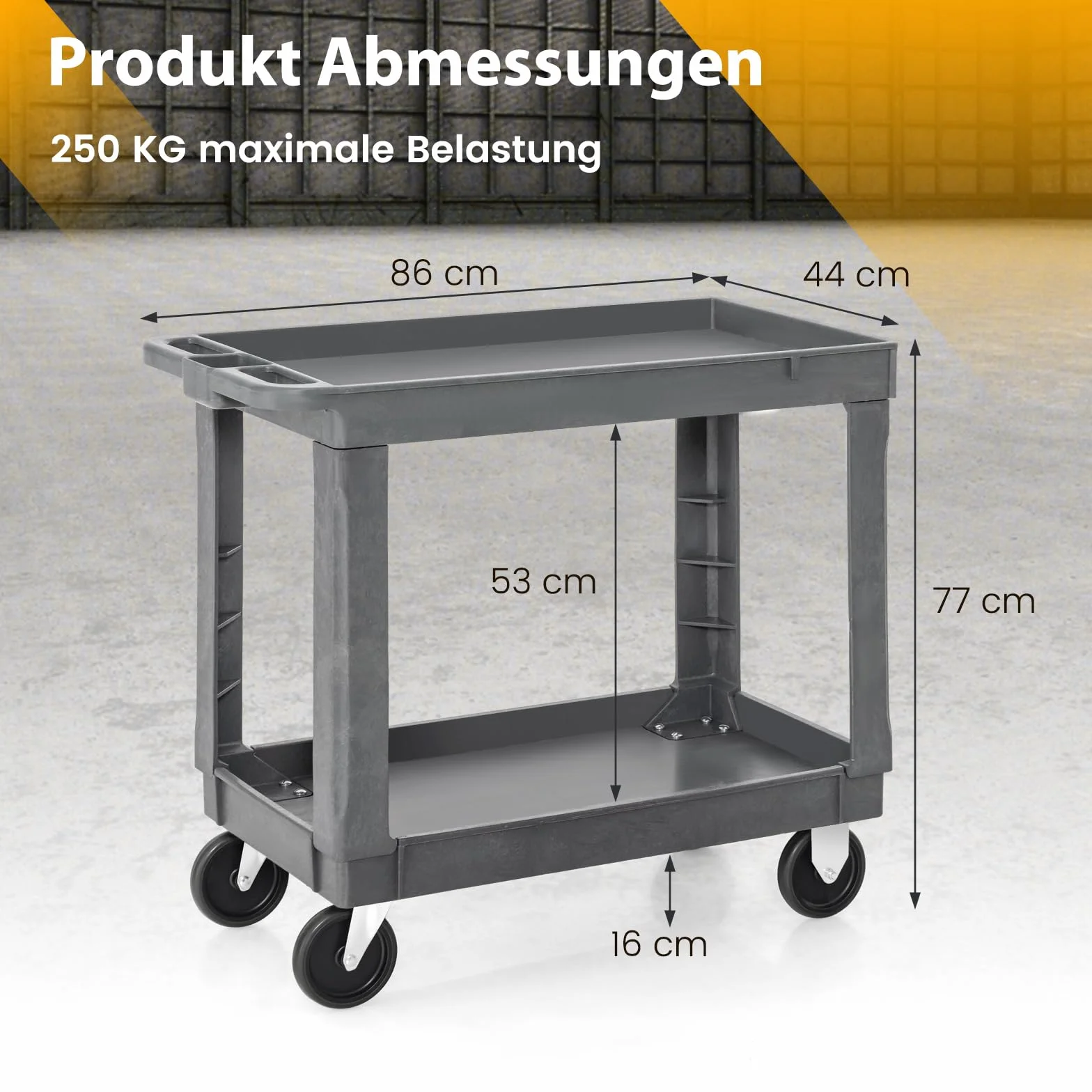 COSTWAY Wózek warsztatowy, 2 poziomy, wózek warsztatowy z tworzywa sztucznego z uchwytem, wózek montażowy, wózek serwisowy, obciążenie do 250 kg, wózek narzędziowy do garażu, magazynu, biura, 86 x 44