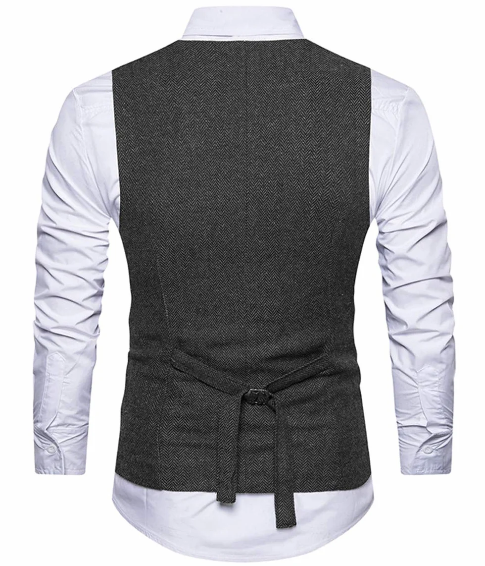 Męska kamizelka garniturowa slim fit wełna w jodełkę tweed casual dekolt w serek formalna kamizelka na ślub dla drużbów