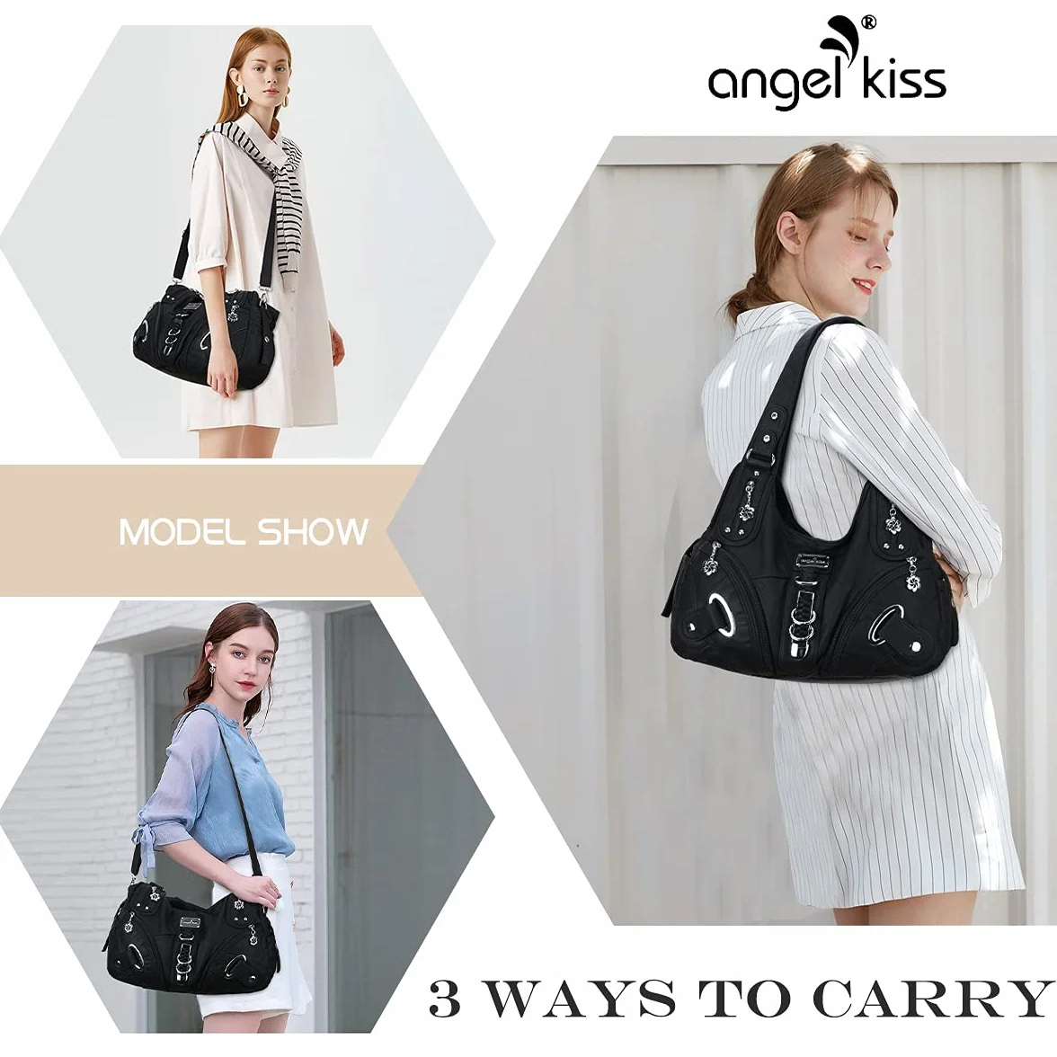 Angelkiss damskie torebki z wieloma kieszeniami funkcjonalna torebka damska/duże torebki Capcity AK11282Z, Czarny1, Large