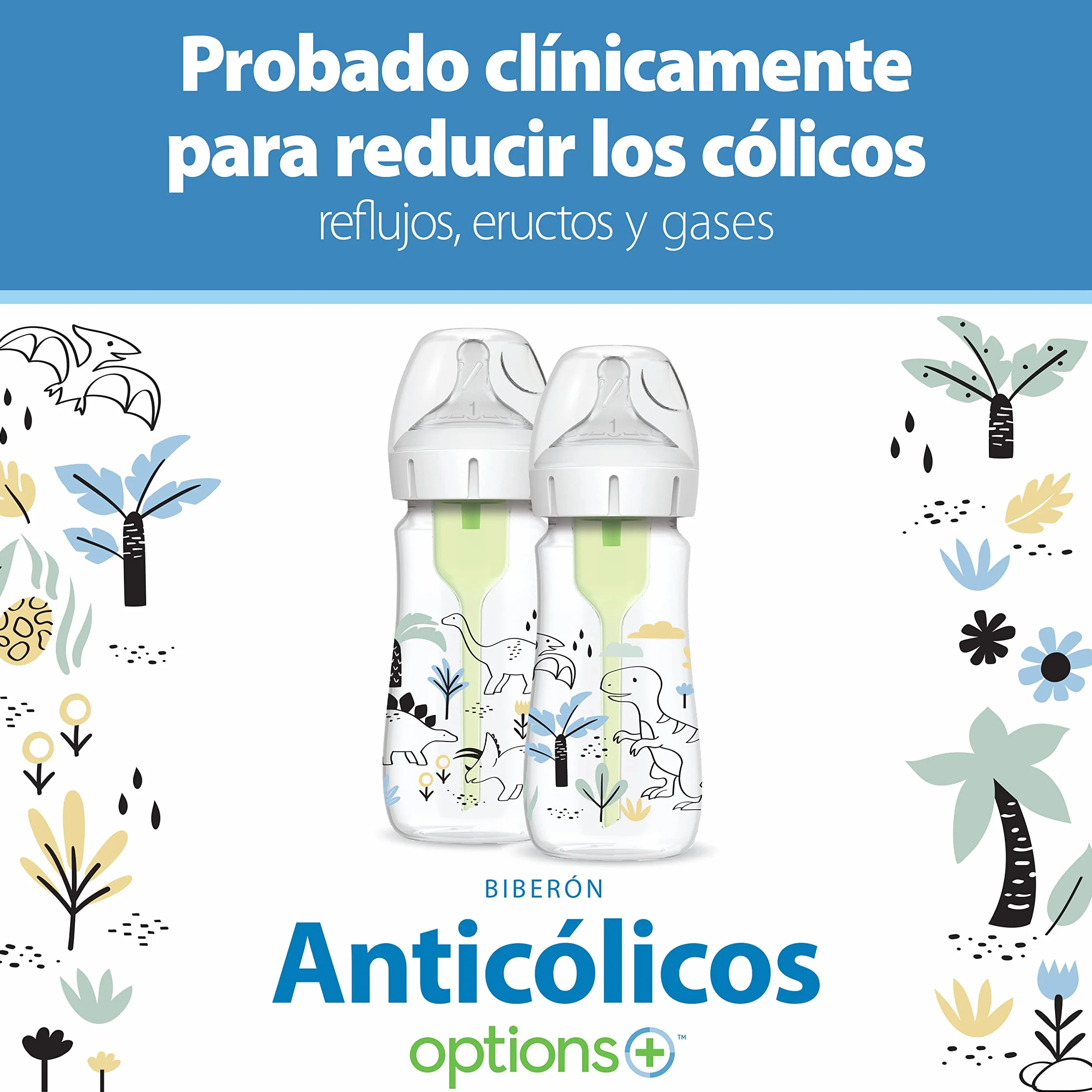 Dr. Brown's Natural Flow Anti-Colic Options+ Butelki z szeroką szyjką, 270 ml, ze smoczkiem poziomu 1, zestaw 2 szt., wzór dinozaura