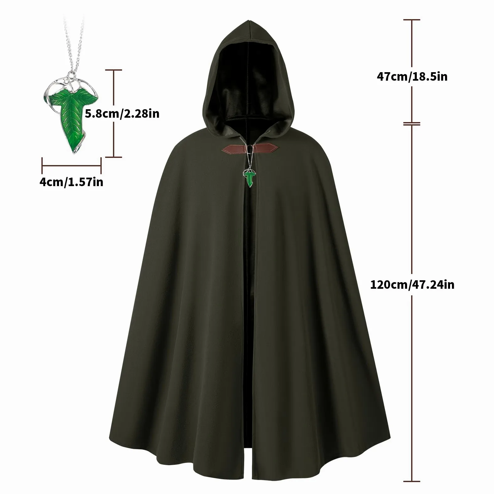 Renaissance peleryna z kapturem z zielonymi liśćmi, broszka, średniowieczna odzież, unisex, Halloween, średniowieczny płaszcz z kapturem