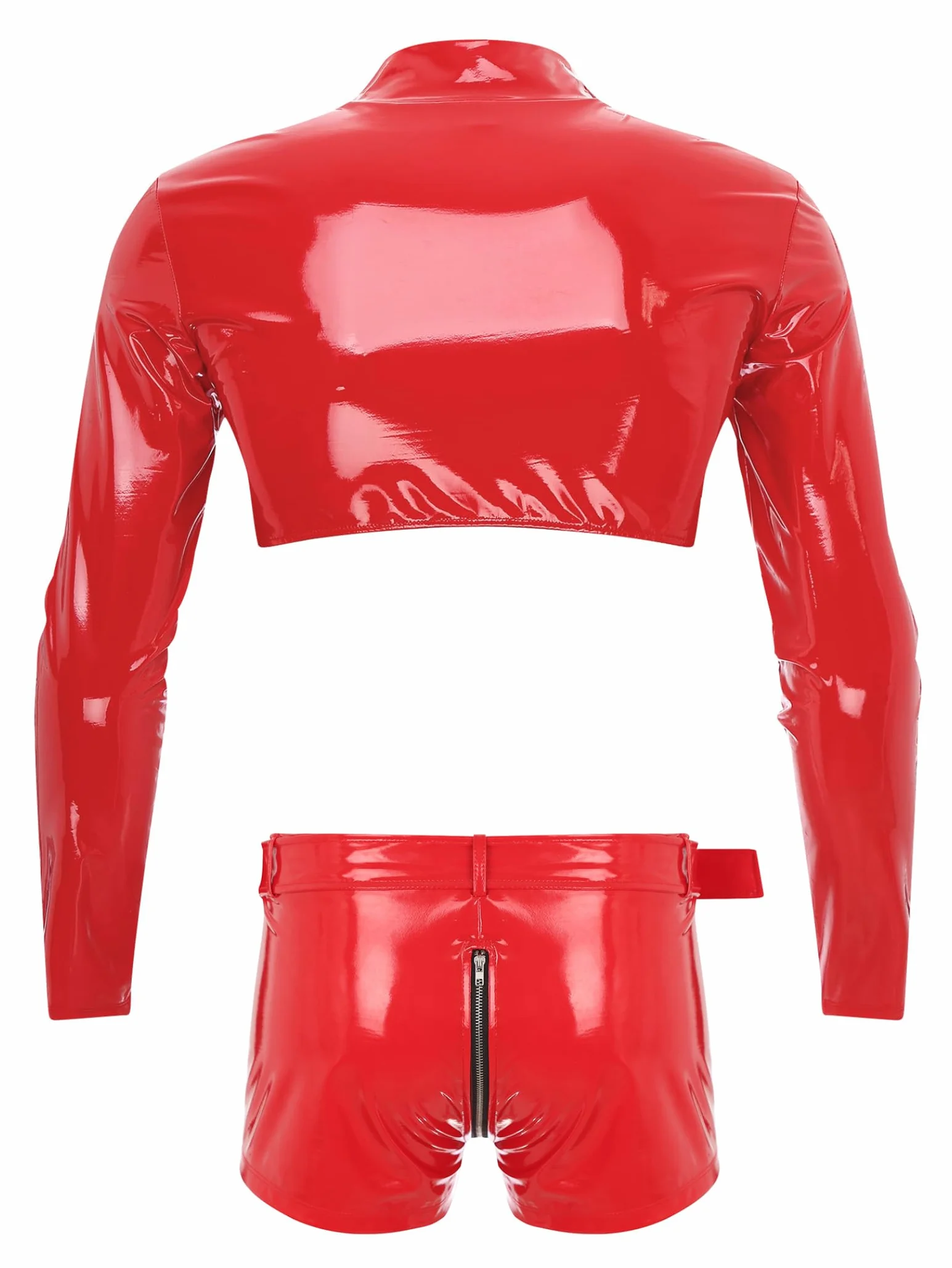 Męskie Wetlook Bielizna Erotyczna Bielizna Lakierowana Skóra Babydoll Crop Top odkrywające bokserki ze skóry PU, Czerwona, M