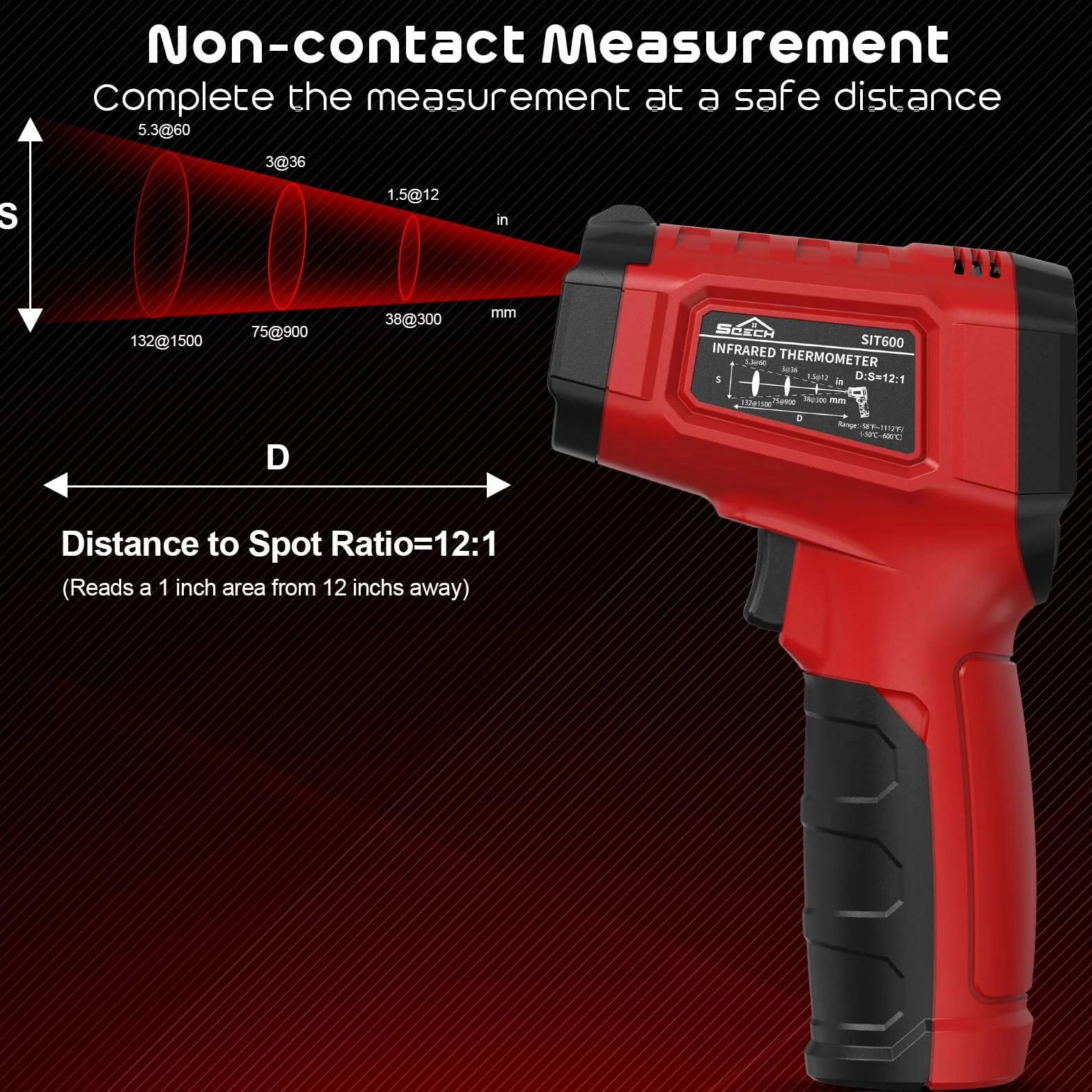Termometr na Podczerwień, SQECH Termometr Laserowy -50℃ ~ 600℃ (-58℉ ~ 1112℉), z Regulowaną Emisyjnością i Kolorowym Podświetleniem, do Gotowania, Pieca do Pizzy, Lodówki (Czerwony)