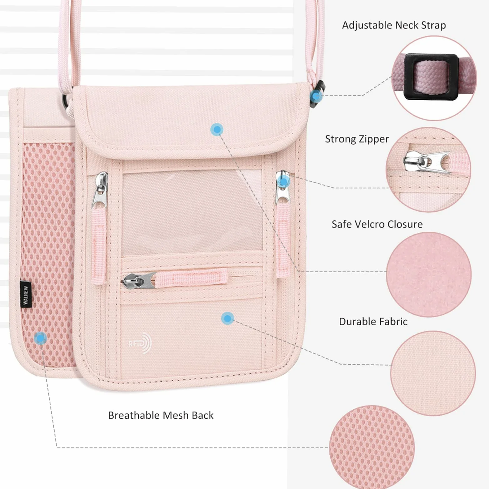 WALNEW Passport Holder Neck Pouch Travel Wallet for Women and Men, RFID Blocking Security Slim Traveling Wallet with Around Neck Lanyard Strap, Pink