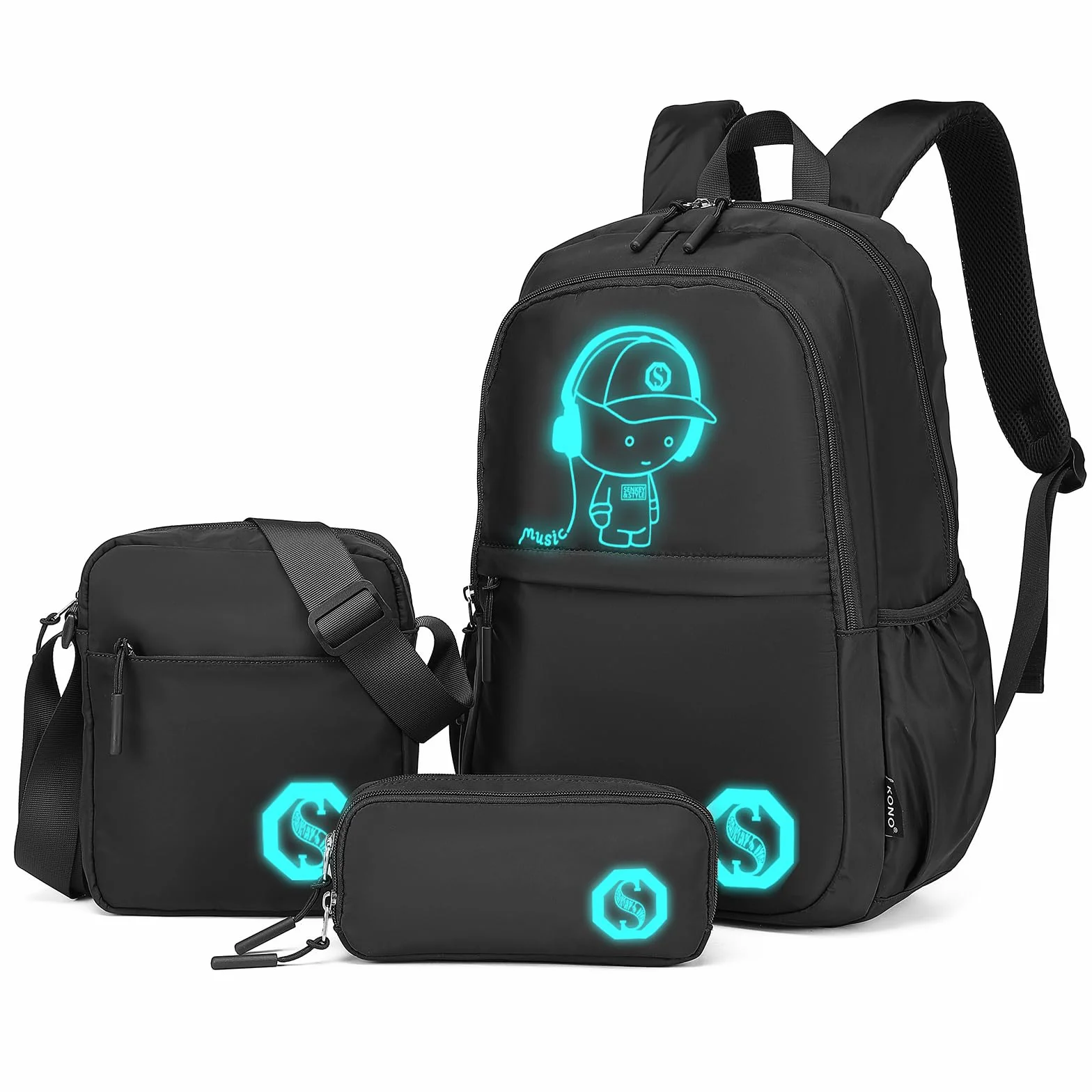 Kono Świecący plecak szkolny zestaw 3 w 1, anime chłopięcy tornister, torba crossbody, piórnik, plecak na laptopa 15,6 cala dla studentów, nastolatków, dziewcząt, Czarny, Chłopięca świecąca torba na