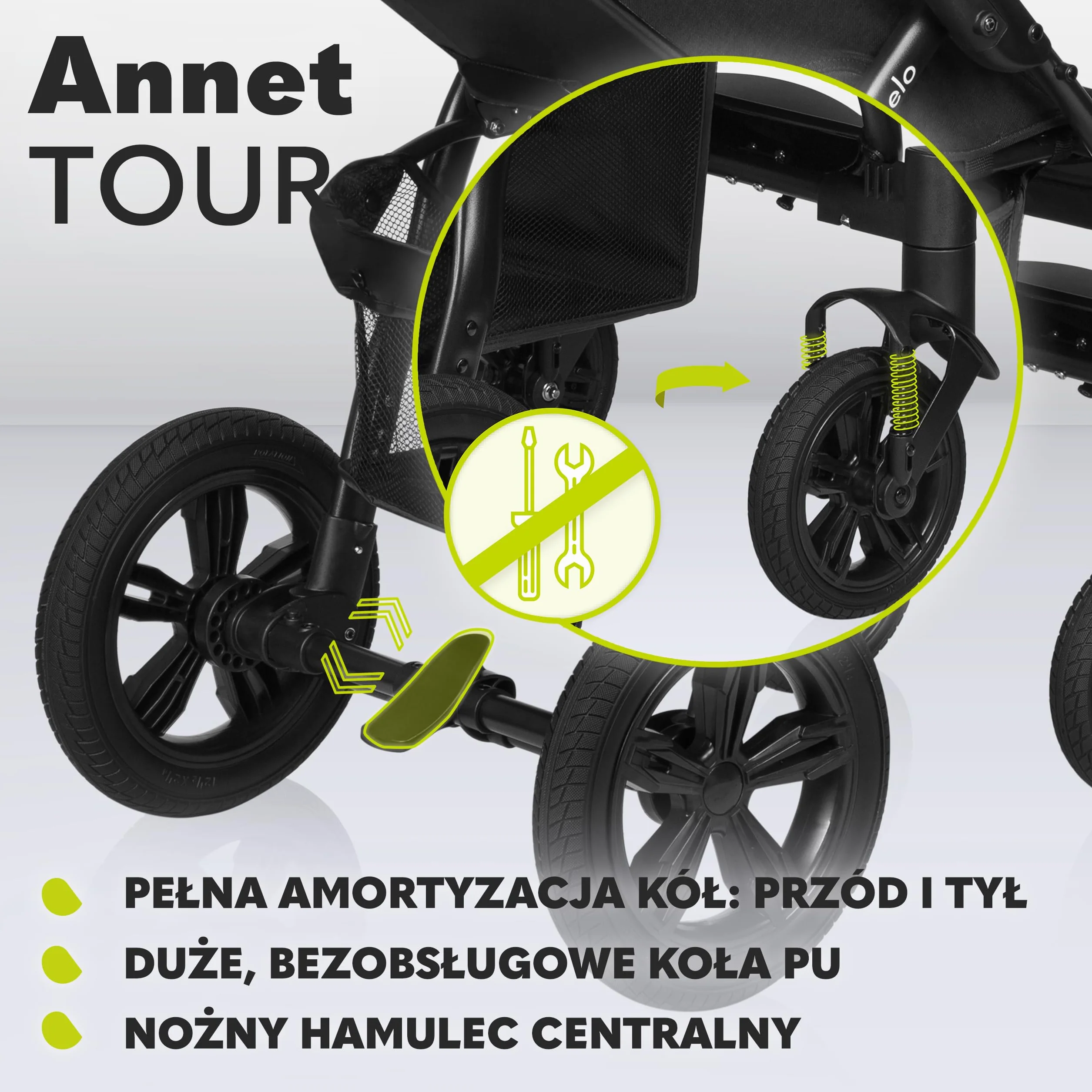 LIONELO Annet Tour Wózek Spacerowy do 22 kg, Regulacja Uchwytu, Regulacja Oparcia do Pozycji Leżącej, Bezobsługowe Duże Koła, Wodoodporna Budka XXL, 5-punktowe pasy, Kosz Zakupowy (Czarny)
