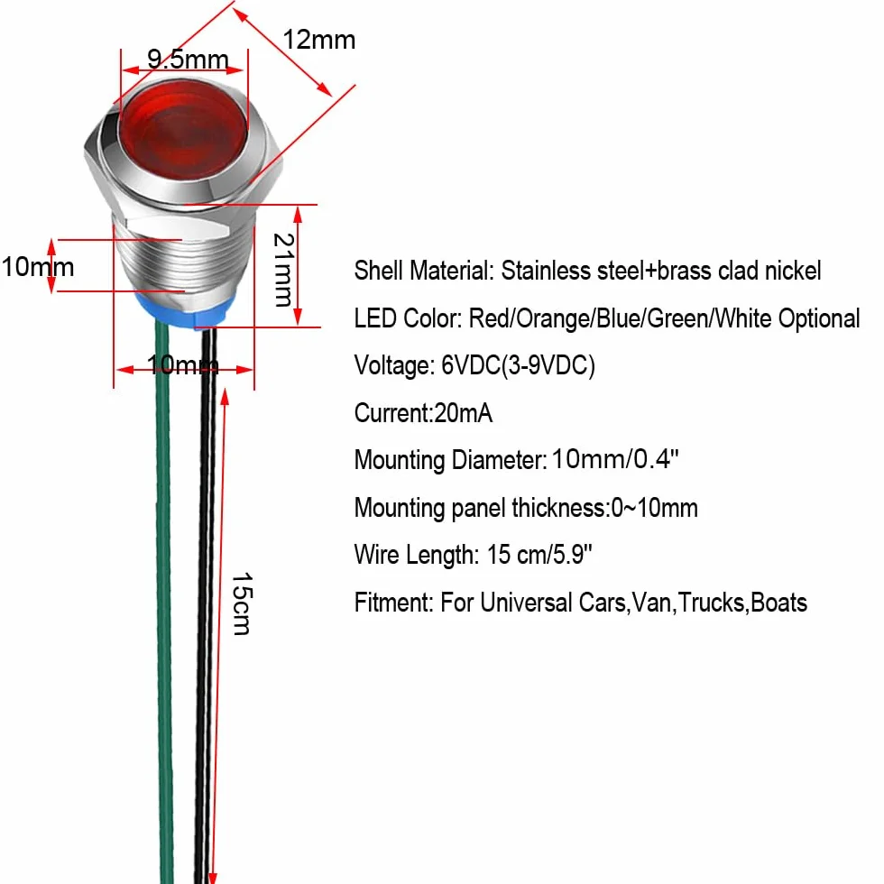 Gebildet 5sztuk 10mm Energooszczędna Dioda LED Metalowy Wskaźnik Swietlny 3V-4.5V-5V-6V-7.5V-9VDC Wodoodporna Lampka Sygnalizacyjna z Przewodem, czerwona