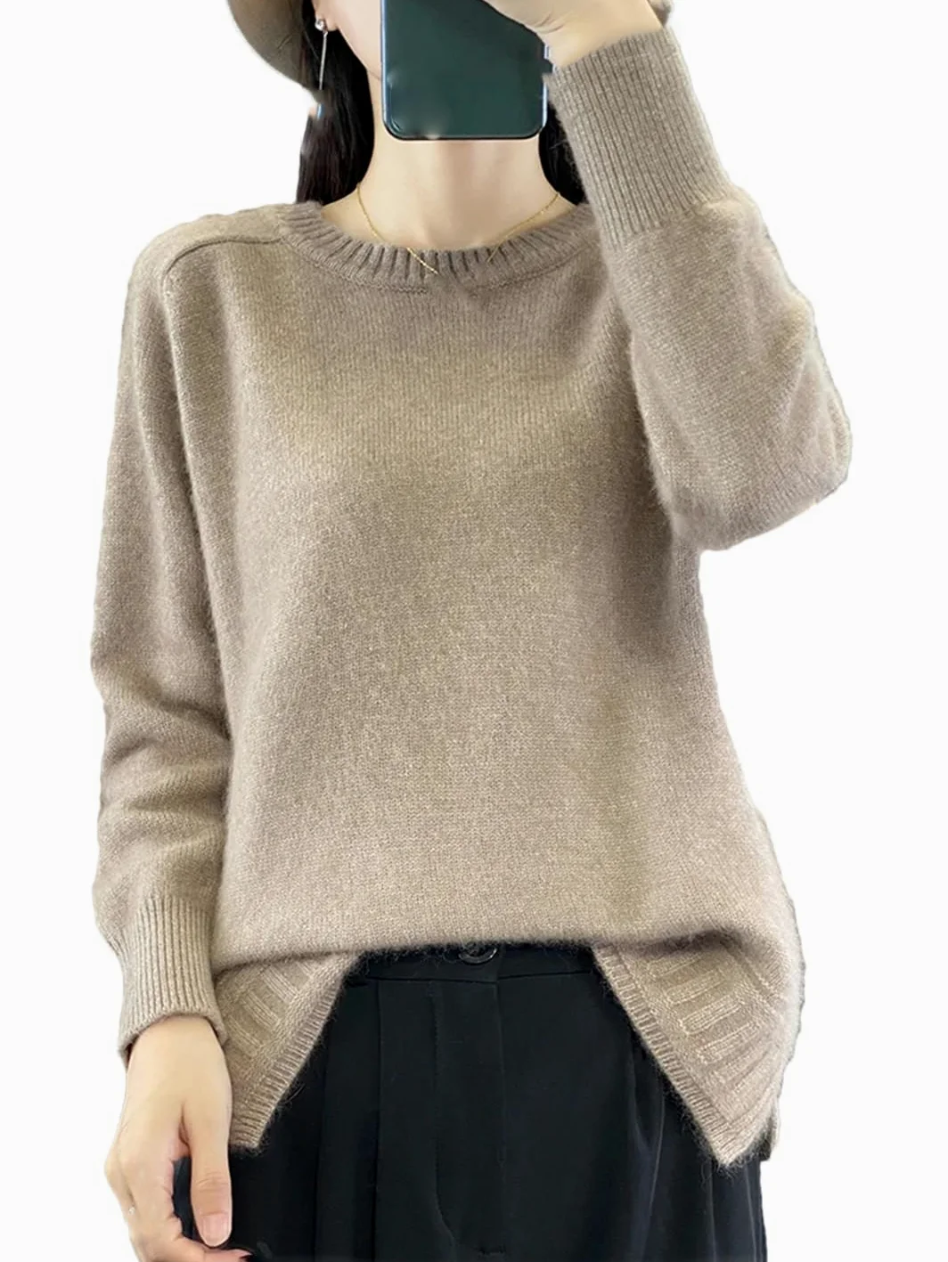 Fnfmrfmr Damski sweter oversize z okrągłym dekoltem jednolity kolor długie rękawy miękki ciepły sweter topy