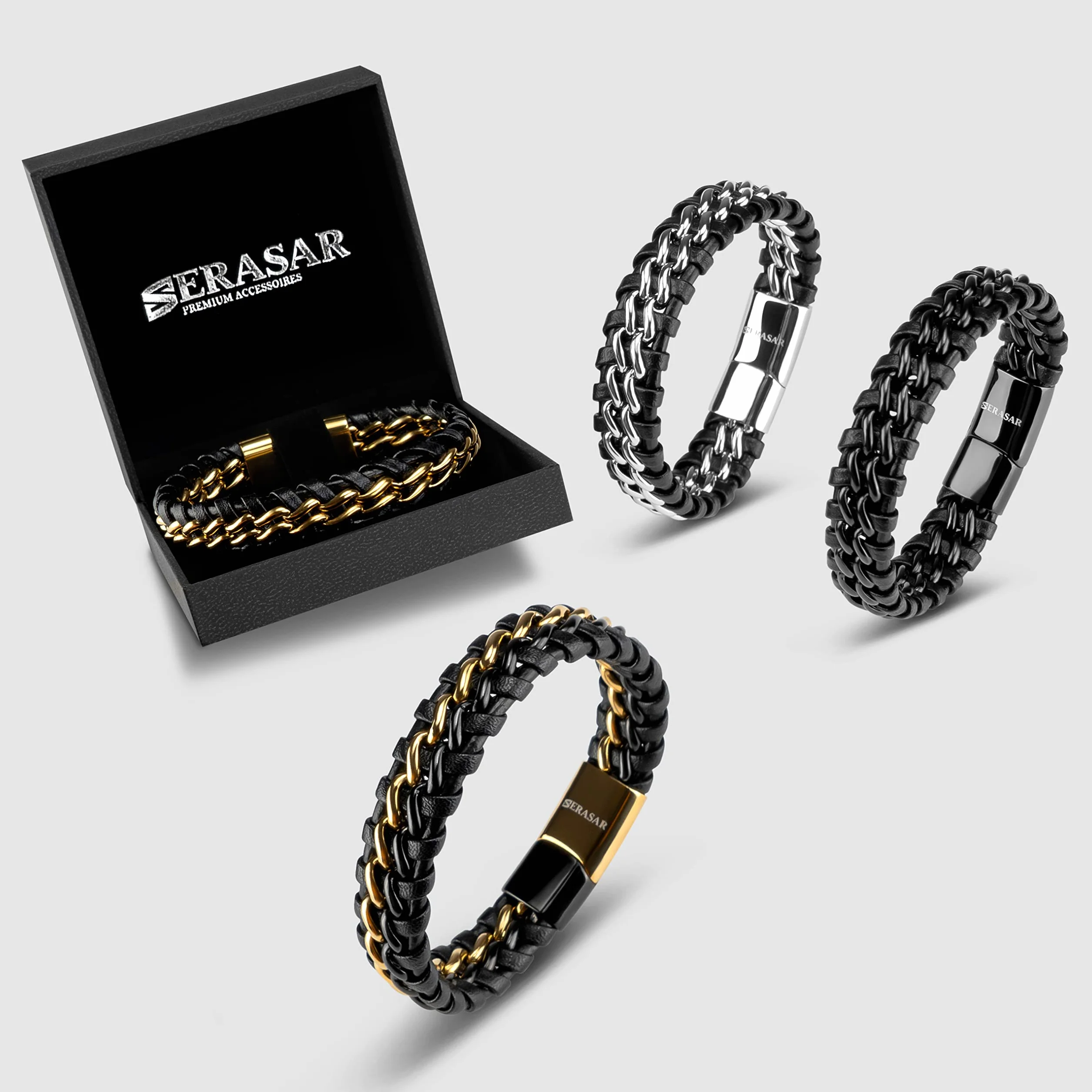 SERASAR | Skórzana Bransoletka Męska [Steel] | Zapięcie Magnetyczne ze Stali Nierdzewnej w Kolorze Czarnym, Srebrnym I Złotym | w Zestawie Pudełko na Biżuterię | Świetny Pomysł na Prezent