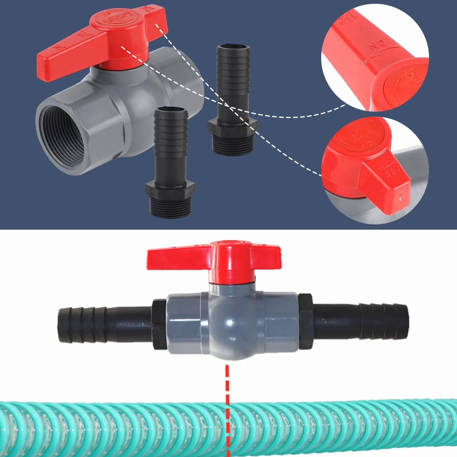 Zawór kulowy z przyłączem węża zawór kulowy PVC zawór kulowy 1 zawór odcinający gwint wewnętrzny 1 1/4" (40 mm), 2 tuleje węża 32 mm