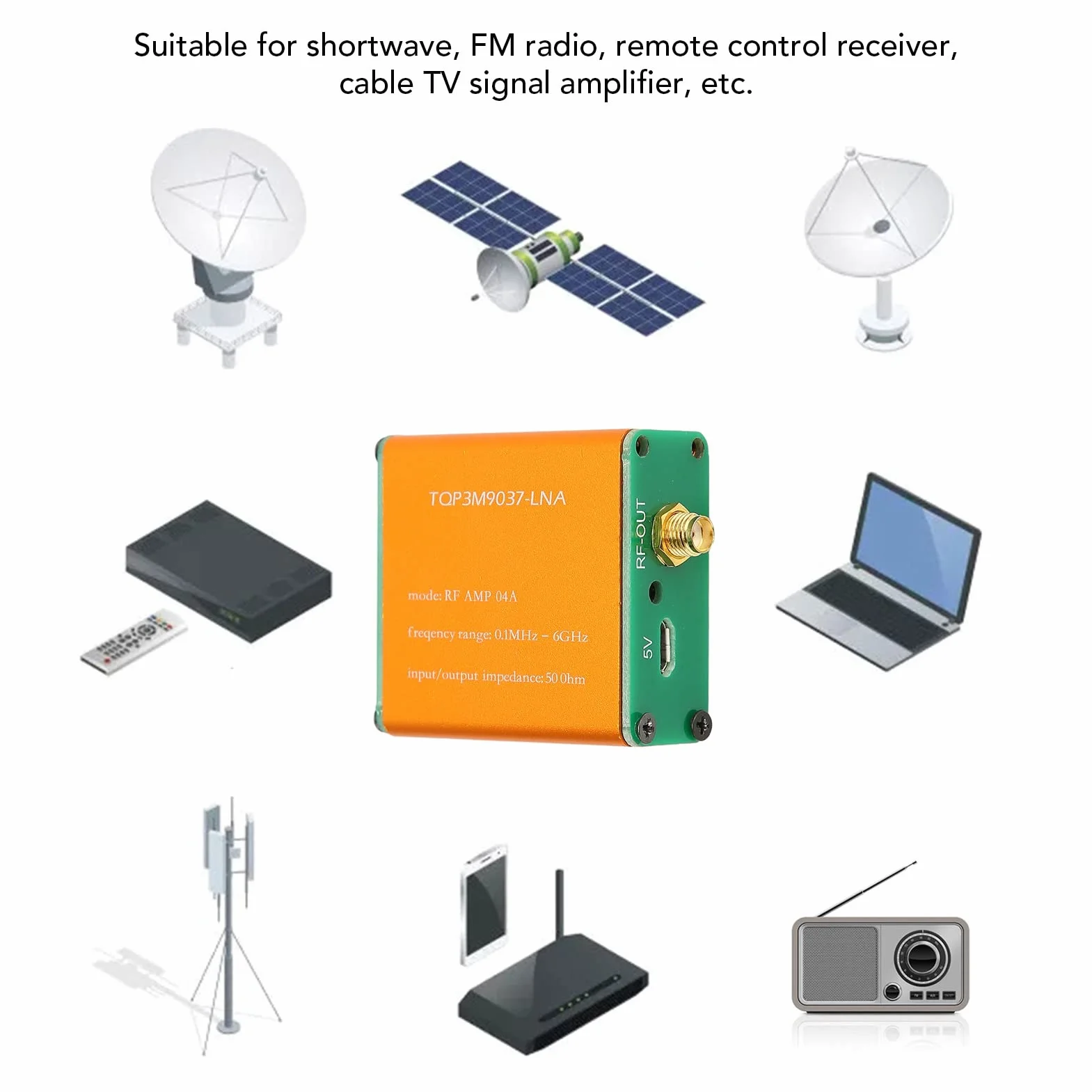 Niski poziom szumów 0,1 MHz 6 GHz, wzmacniacz LNA 20 dB z wysokim wzmocnieniem do krótkofalowych radia FM HF, moduł przedwzmacniacza mocy, gniazdo SMA (dostarczany bez baterii)