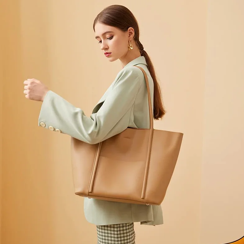 Prawdziwa skóra bydlęca - torebka damska na zakupy prezenty dla kobiet duża pojemność crossbody zamek błyskawiczny praca dojeżdżający do pracy na ramię vintage, Herbata mleczna, Large