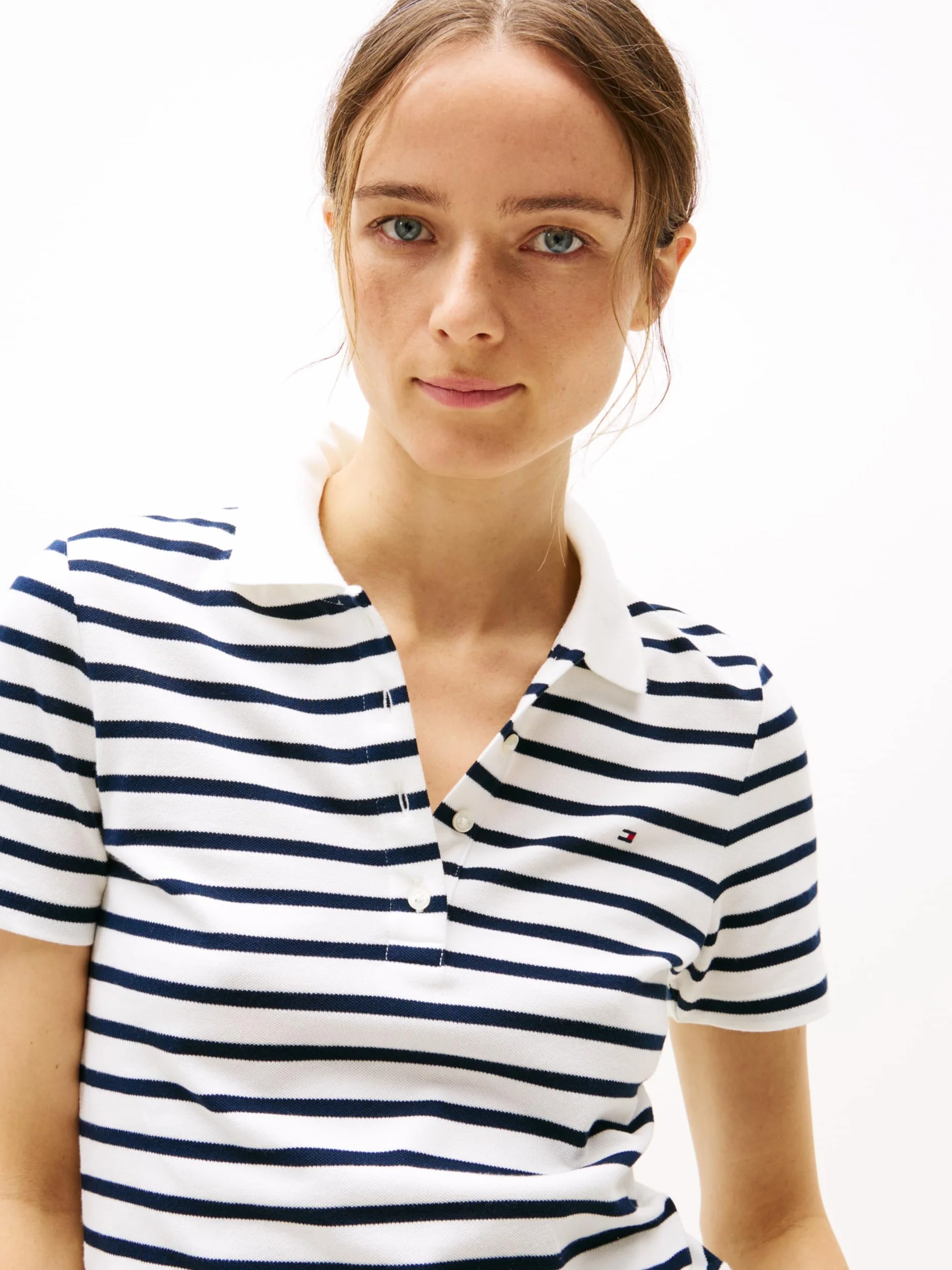 TOMMY HILFIGER Damska koszulka polo 1985 SLIM PIQUE SS Niebieski (Breton Ecru/Dark Night Navy Stp) M