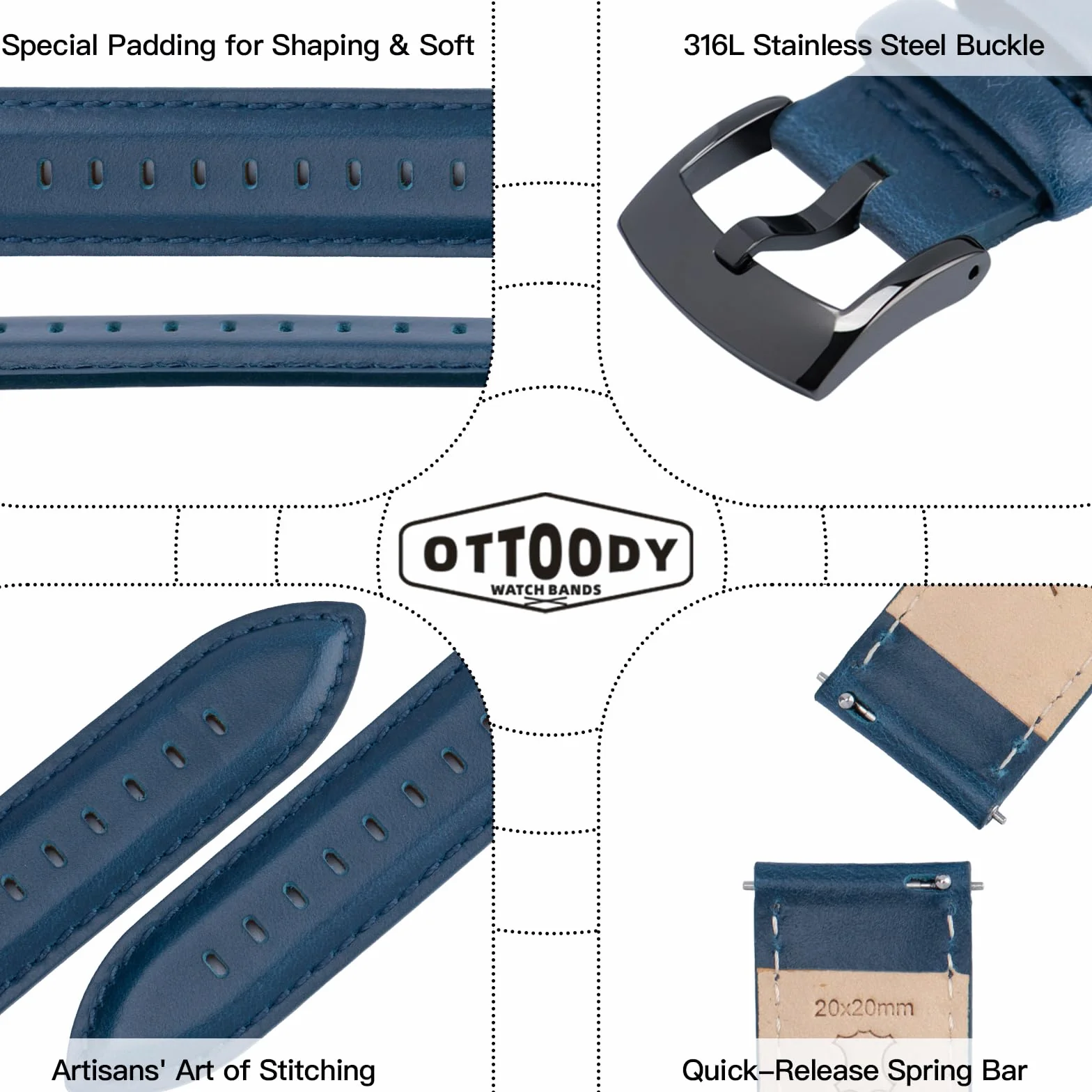 Ottoody Skórzany pasek do zegarka z szybkozłączką, 18, 19, 20, 21, 22 mm, elegancki zamiennik, dla mężczyzn i kobiet, do zegarka i smartwatcha