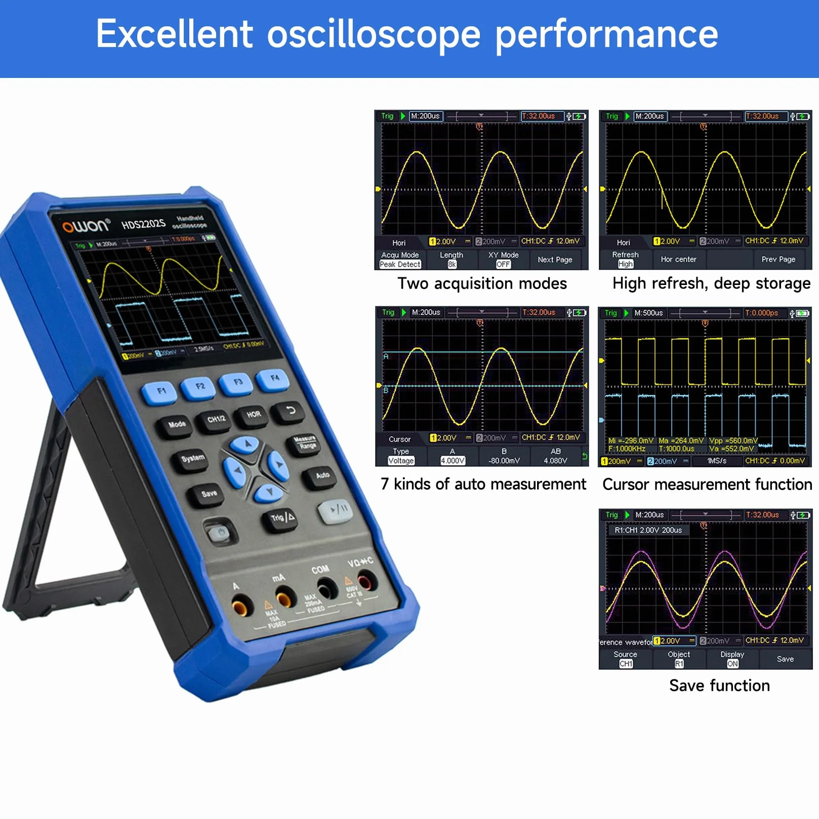 OWON HDS2202S 3 w 1 ręczny oscyloskop, przepustowość 200 MHz USB typu C z 3,5-calowym wyświetlaczem LCD, multimetr cyfrowy 20000, 2-kanałowy oscyloskop cyfrowy generator