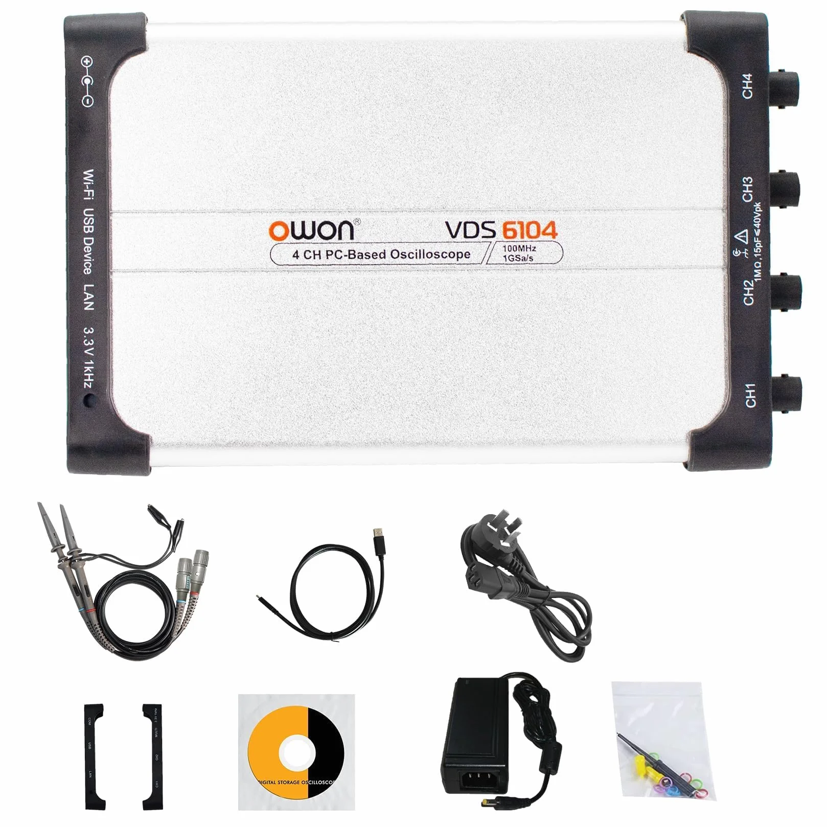 OWON VDS6104 USB PC wirtualny oscyloskop 4 kanały 100 MHz 1Gsa/s 8 bitów ADC przenośne cyfrowe oscyloskopy USB typu C oscyloskop PC, obsługiwany standardowy protokół SCPI, obsługiwany LabVIEW.