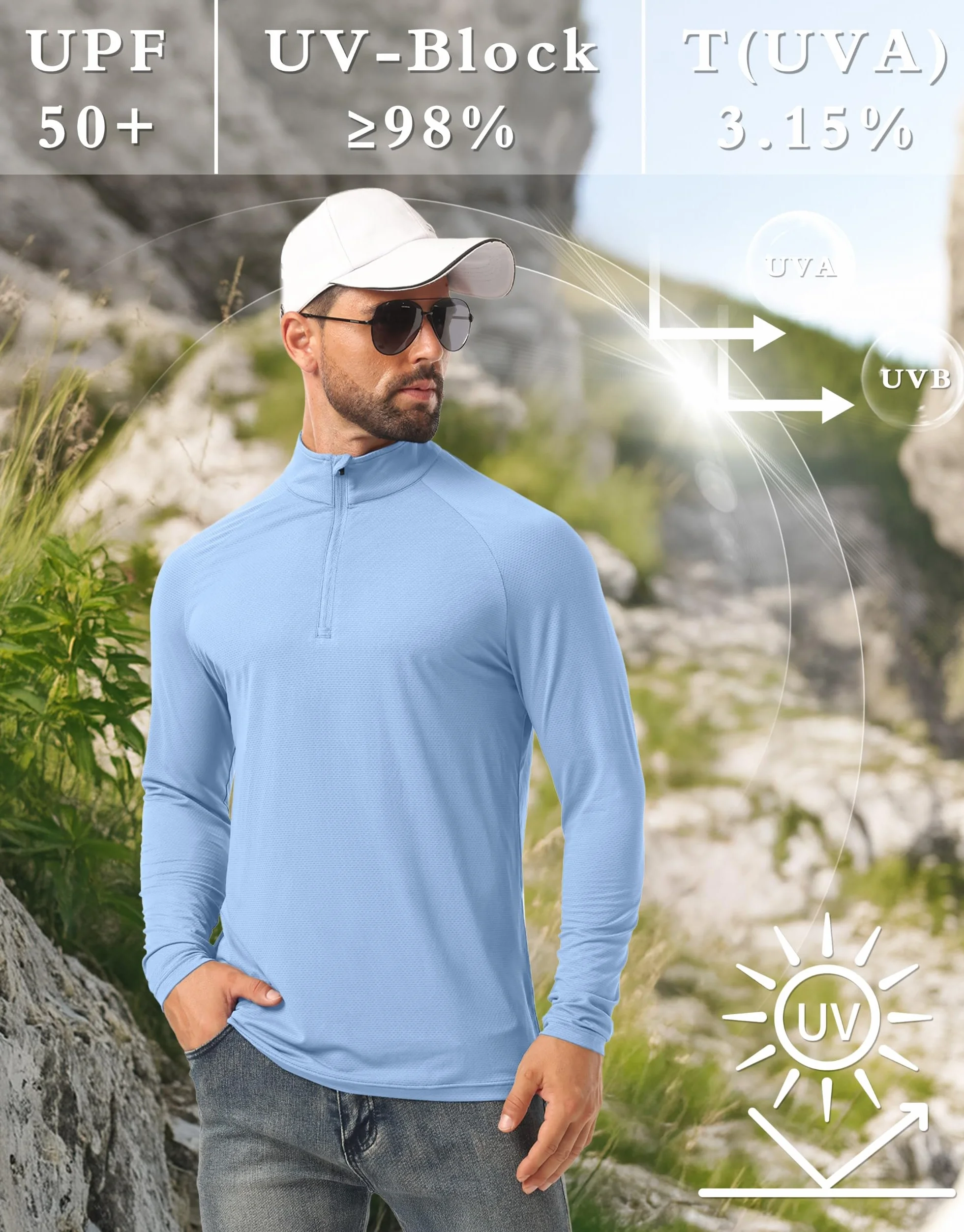 QIXING Męskie koszulki przeciwsłoneczne UPF 50+ zamek błyskawiczny z długim rękawem koszulka outdoorowa wędkarstwo piesze wycieczki rash guard koszulki