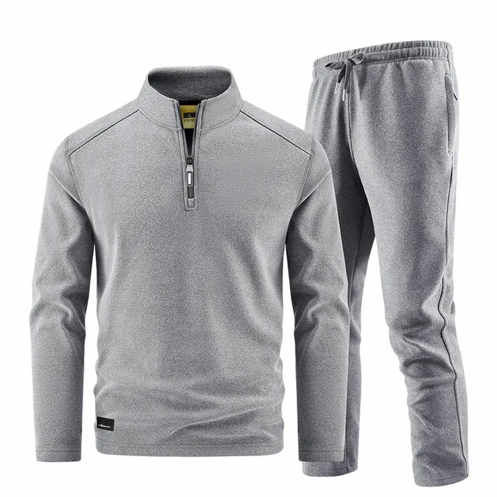 Męski dres 2-częściowy z polaru, ciepły, bluza z długim rękawem i ćwiartkowym zamkiem, spodnie dresowe, zestaw sportowy