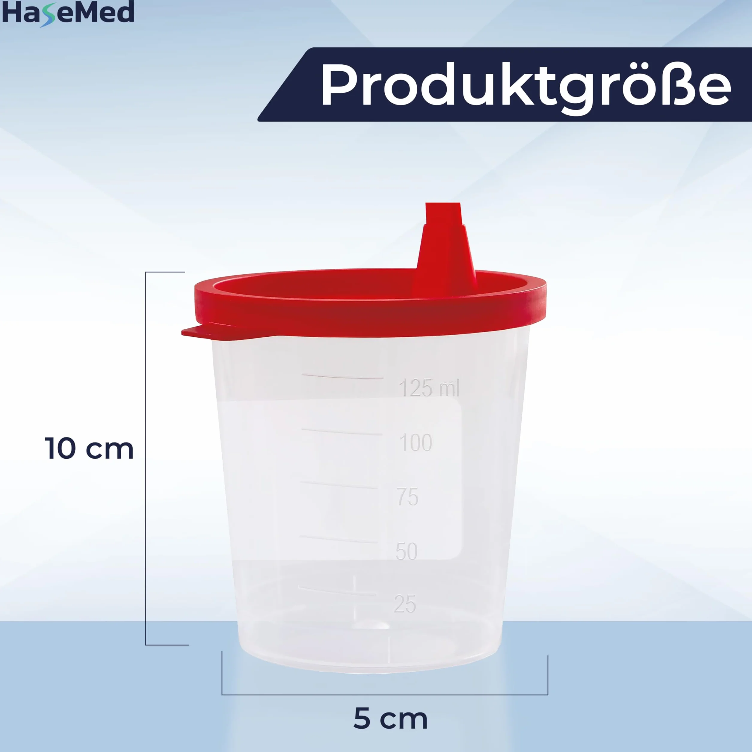 HaseMed kubek na mocz 125 ml – 3 sztuki kubków na próbki z czerwoną pokrywką – szczelny, można układać w stos i higieniczny, do próbek moczu, materiałów laboratoryjnych, gabinetów lekarskich, kliniki