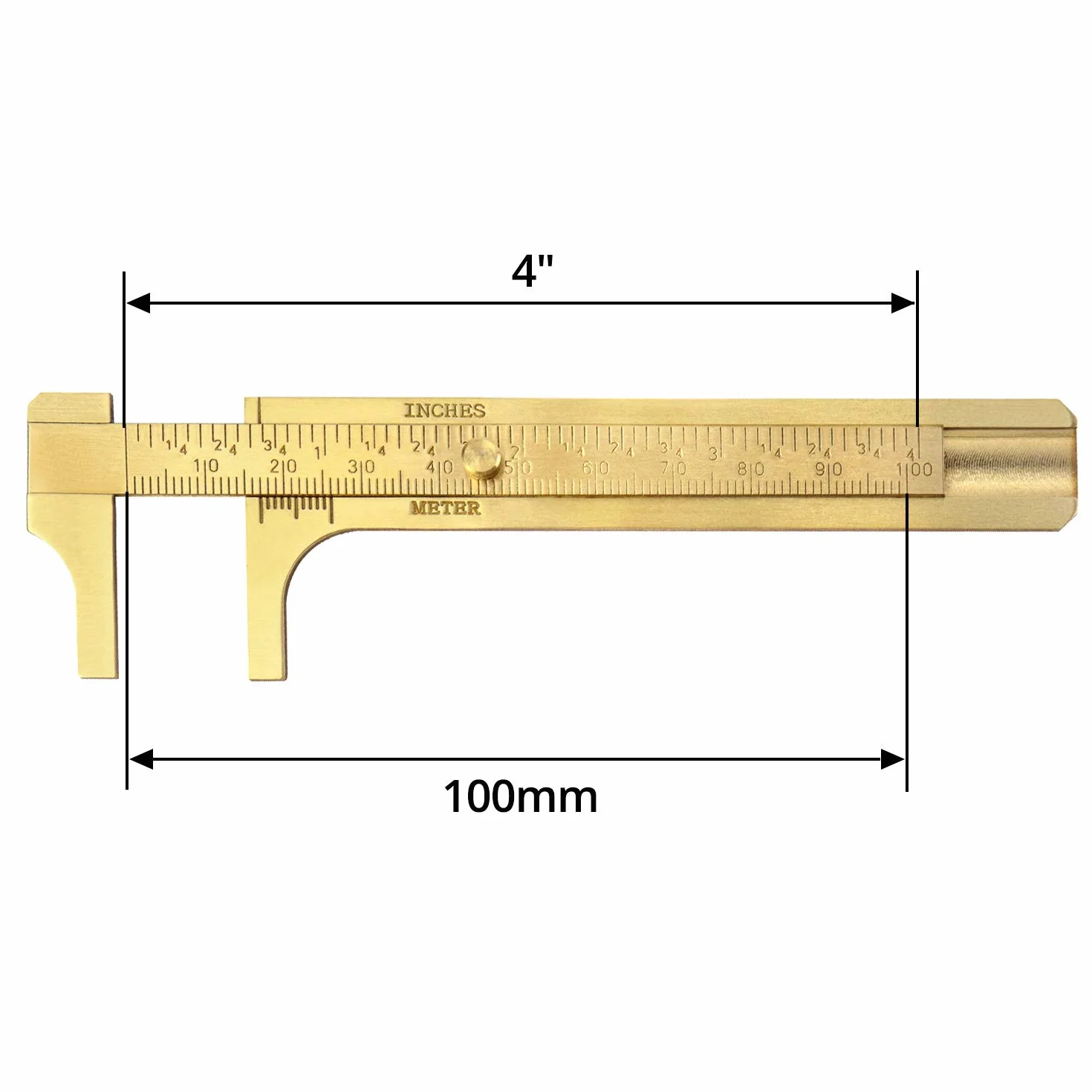 QWORK® 4 "/ 10cm suwmiarka mosiężna, podwójna linijka suwakowa z mosiądzu Poręczne narzędzie pomiarowe z miernikiem, mm/cale mini mosiężna linijka kieszonkowa