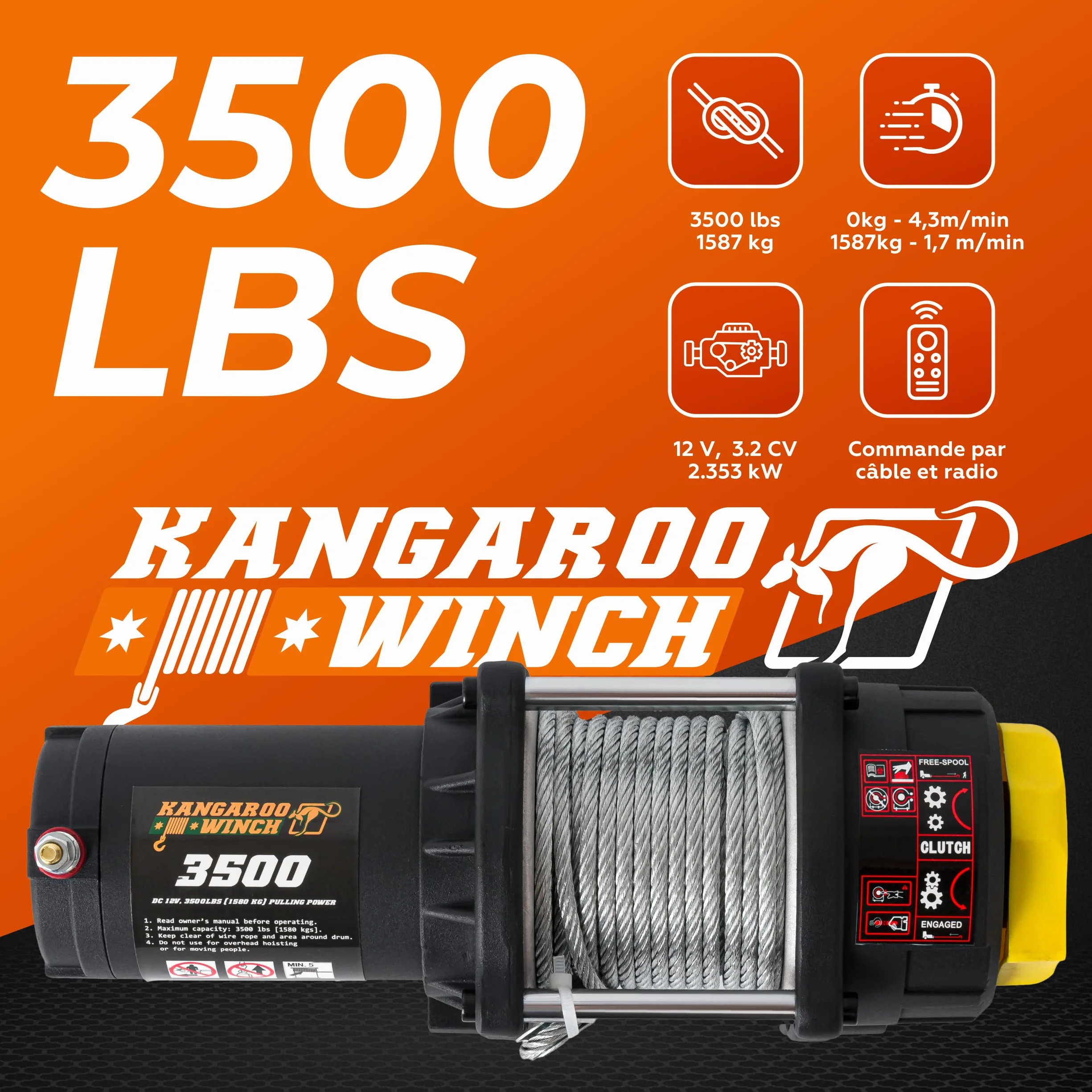 Elektryczna wciągarka linowa 12V - 3500 LBS / 1587 kg siła ciągnąca - Idealna do ATV, quadów i zastosowań offroad - Wytrzymała konstrukcja - W zestawie linka stalowa i pilot zdalnego