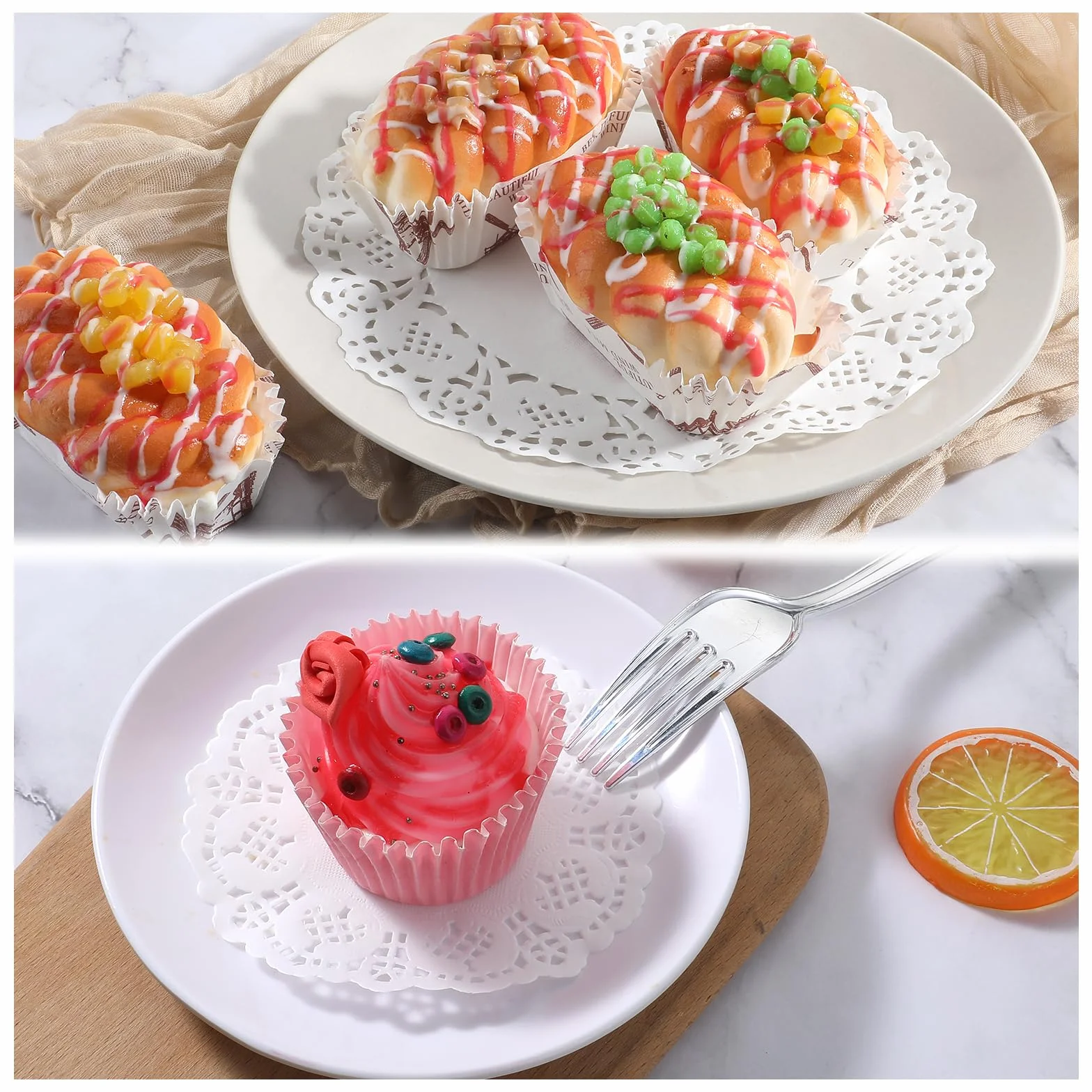 oruola 100 szt. serwetki koronkowe, białe papierowe serwetki, jednorazowe papiery serwetki białe do tacek deserowych, opakowanie po 50 szt. po 11,4 cm, 21,6 cm, pieczone, grillowane, smażone jedzenie