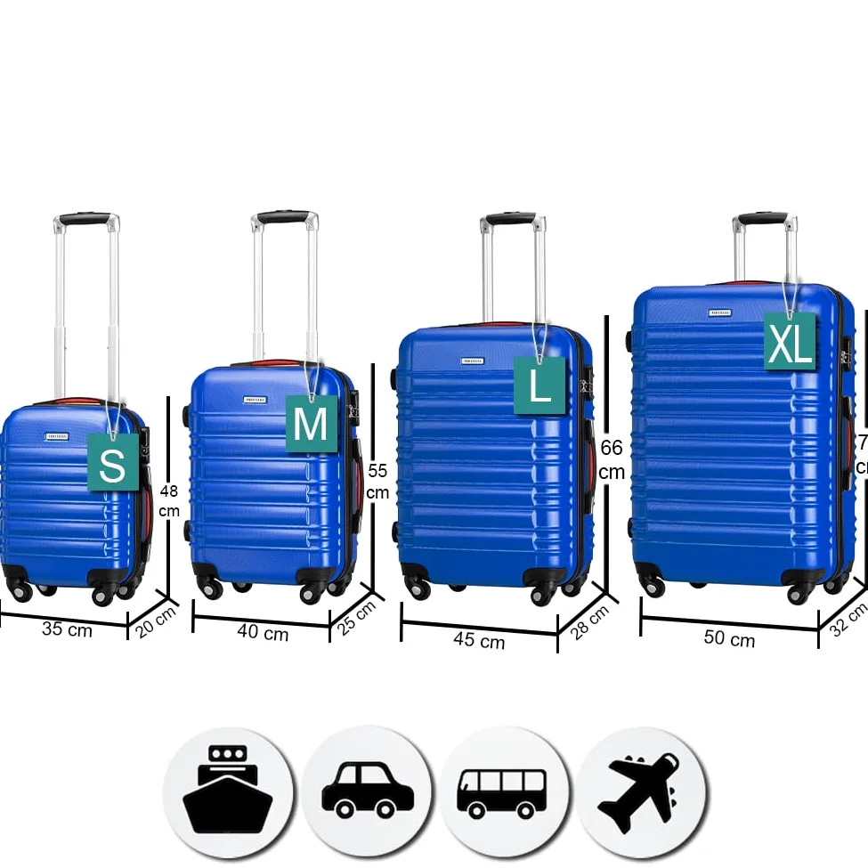 Zestaw 4 twardych walizek ABS, sztywne walizki S-M-L-XL teleskopowy uchwyt i 4 kółka Easy Roll, zamek szyfrowy, wytrzymały wózek podróżny, z bagażem podręcznym, Niebieska, 50x32x75 cm,