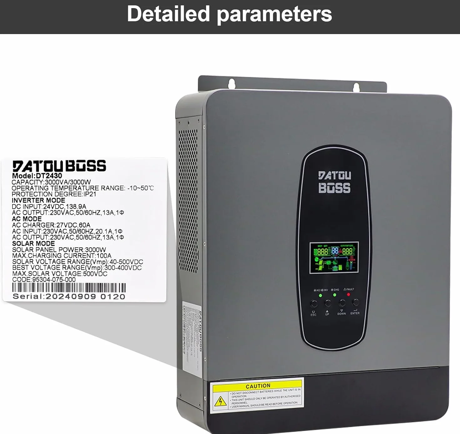 DATOUBOSS Hybrydowy falownik 3000W 24V, hybrydowy falownik solarny 24V, czysty sinus, 24V DC na 220/230V AC, system ochrony BMS, z 100A MPPT do akumulatorów ołowiowo-kwasowych i litowych