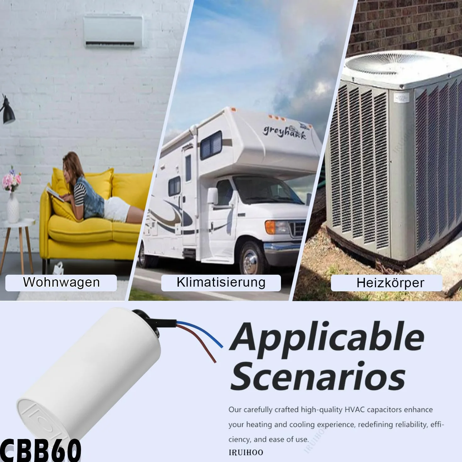 Iruihoo CBB60 450V 6uf 50/60Hz kondensator rozruchowy, kondensator pracy silnika, kondensator przeciwzakłóceniowy rozruchowy silnika, kondensator mikrofaradowy z przewodem